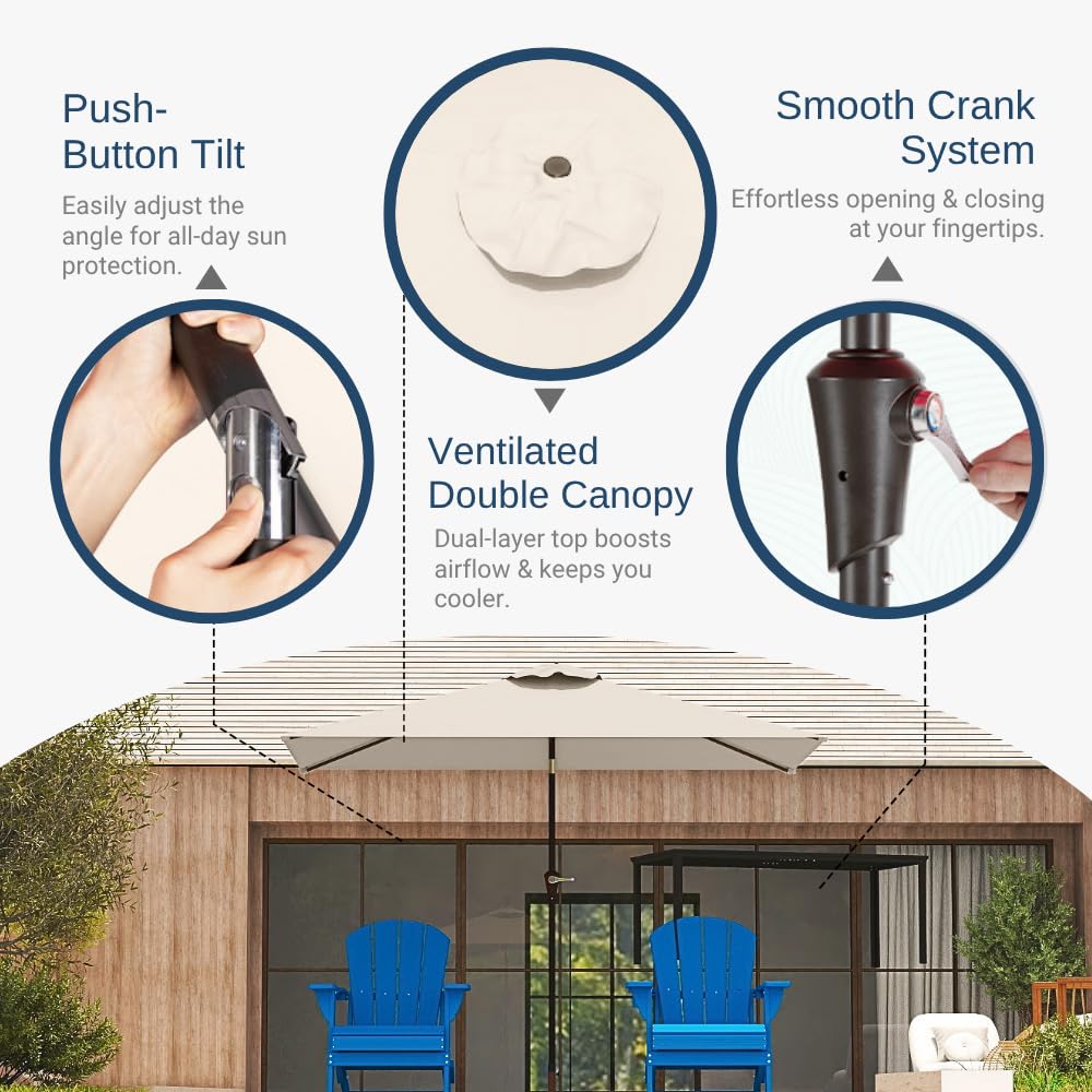Patio Kingdom 6.5' x 10' Rectangular Patio Umbrella Large Outdoor Market Umbrella w/UV Protection, Push Button Tilt and Crank Lift, Rectangle Table Umbrella for Garden, Deck, Pool, Patio, Beige
