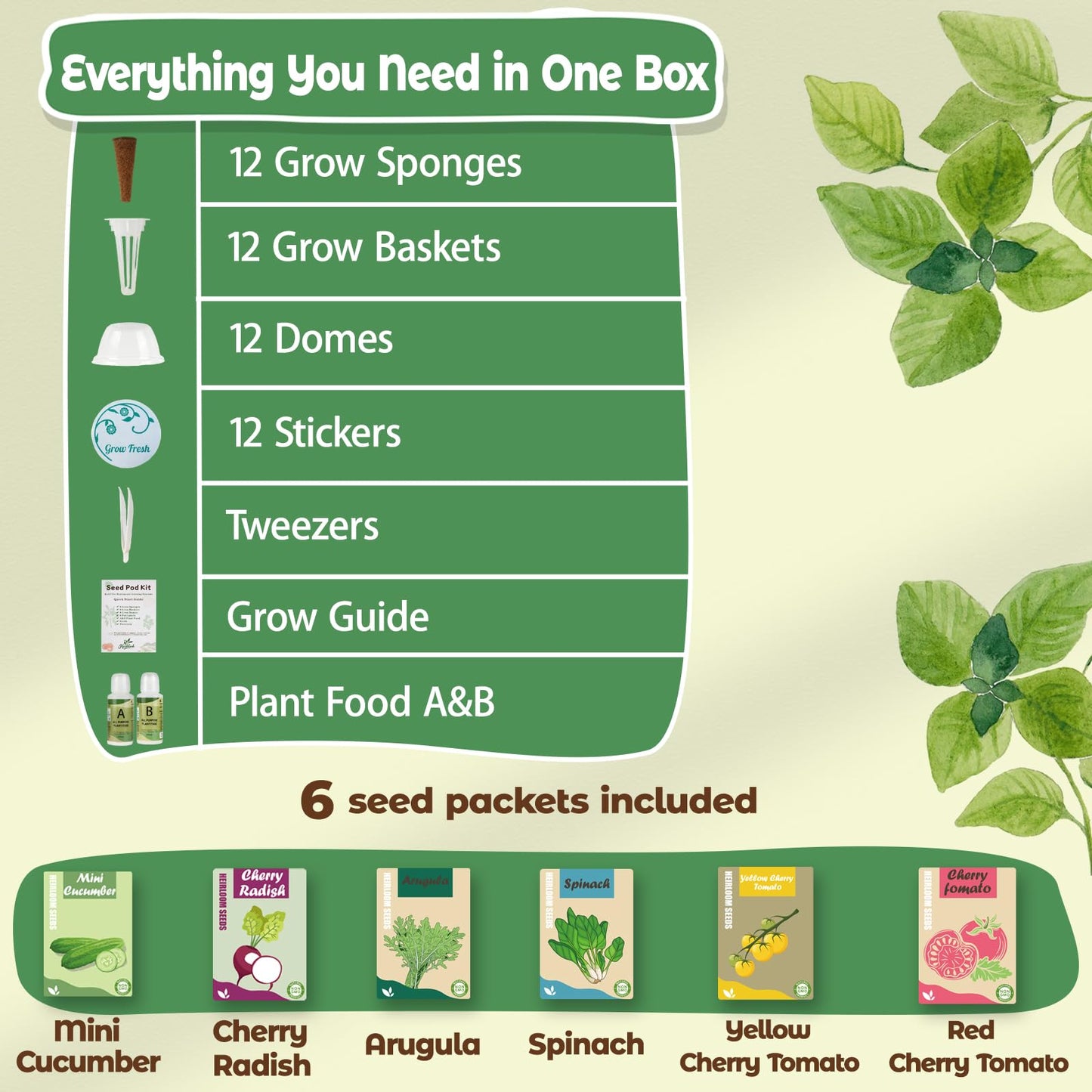 Salad Seed Pod for Aerogarden - 12 Fruit Hydroponic Refill Grow Pods with 6 Packets Seeds of Mini Cucumber, Arugula, Spinach, Cherry Radish & Tomato for Most Hydroponic Systems Ahopegarden, LETPOT