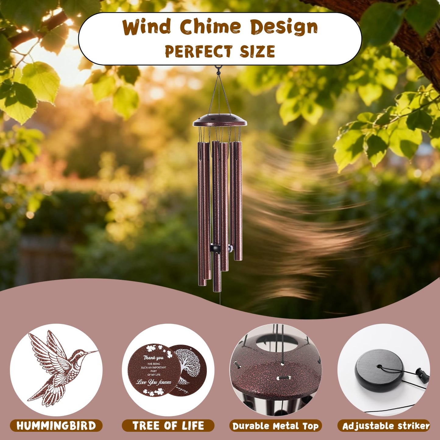 Outdoor Wind Chimes, 37 inch, Hummingbird Windchime, Suitable for Home Decoration, can be Used in Gardens, patios, Balconies, etc. Gift That Expresses Sympathy for Mothers, Grandmothers or Friends.