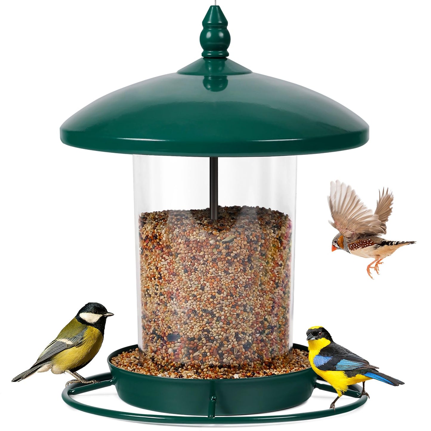 Metal Bird Feeder for Outdoors Hanging,3.0LB Seed Feeder,Easy to Fill & Clean,360° Feeding,Chew Proof Weatherproof Roof for Gardens and Wild Birds,Green