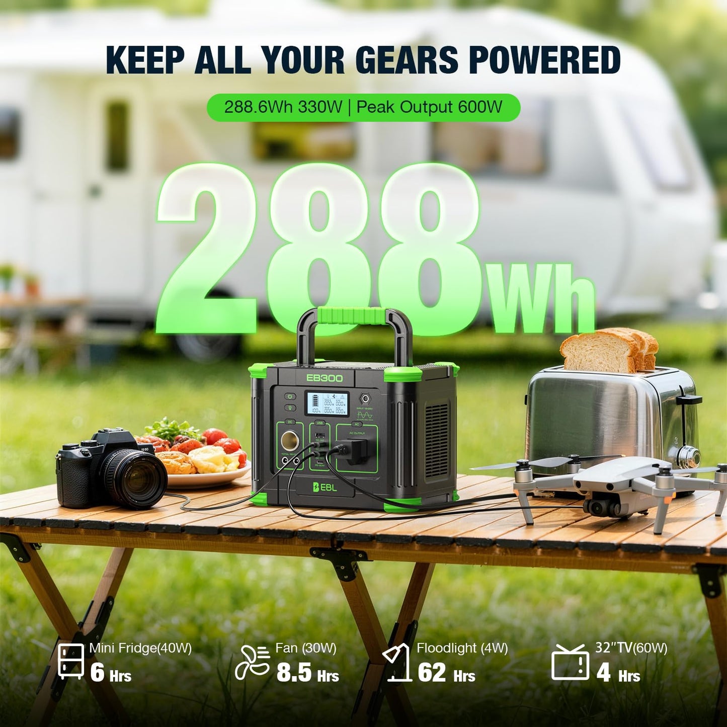 EBL Portable Power Station 300W 288.6Wh Solar Generator with 330W AC Outlet, SOS LED Light, Wireless/DC/USB-C Charging Backup Battery for Camping, Outdoor, Home Blackout, RV Travel