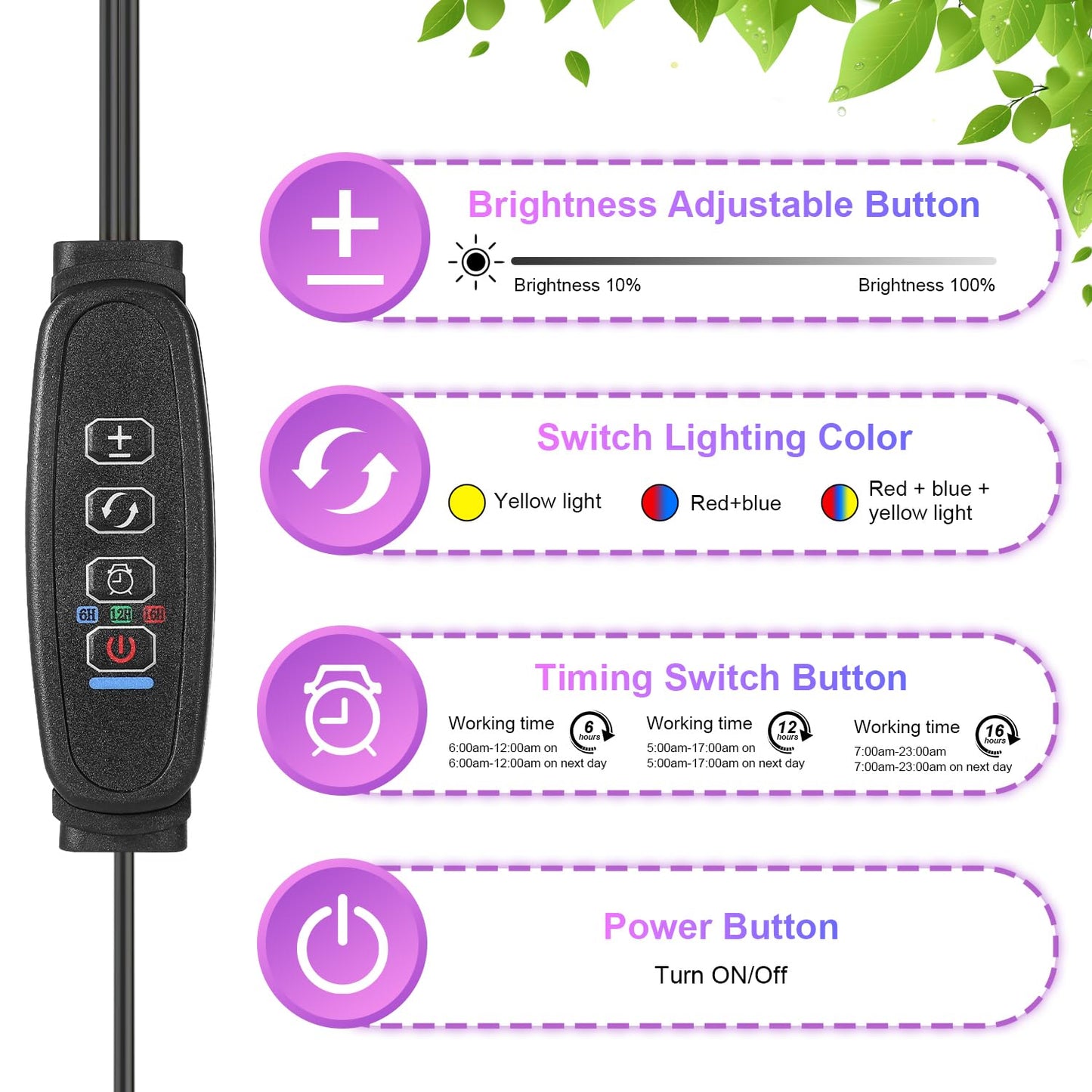 Black 2-Tube Clip-On Grow Light with Red/Blue/Yellow LEDs, Full Spectrum, 6/12/16H Timer, 3 Modes & 10 Dimmable Levels, for Indoor Plants (8W) (1 Pack)
