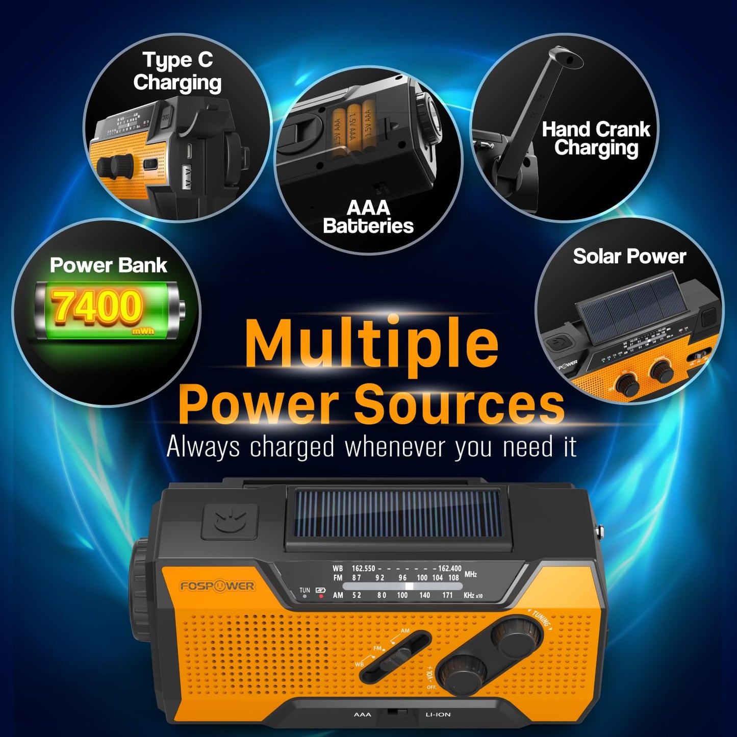 FosPower NOAA Emergency Weather Radio A1 7400mWh Portable Power Bank, AM/FM, USB/Solar/Hand Crank Charging, Battery Operated, SOS Alarm & Flashlight for Indoor/Outdoor Emergency - Orange