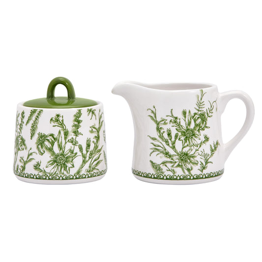 Bico Green Garden Toile De Jouy Ceramic Sugar and Creamer Set, Sugar Bowl with Lid, Cute Container for Coffee Bar, Kitchen Countertop Accessories, Microwave and Dishwasher Safe