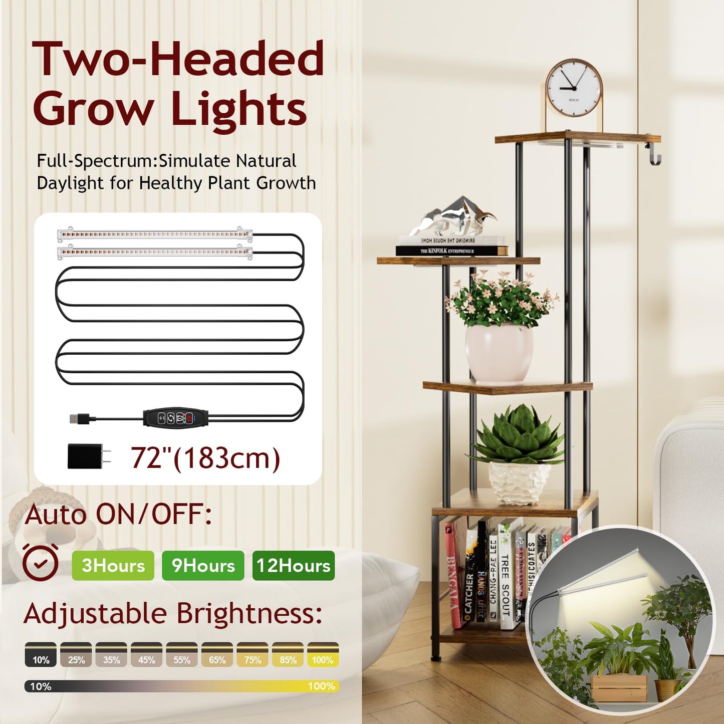 Homsorout Plant Stand Indoor with Grow Light - 5-Tier Metal Plant Shelf with Hanging Basket Hook, Corner Tall Flower Holder for Multiple Plants, Living Room Balcony Garden Patio, Rustic