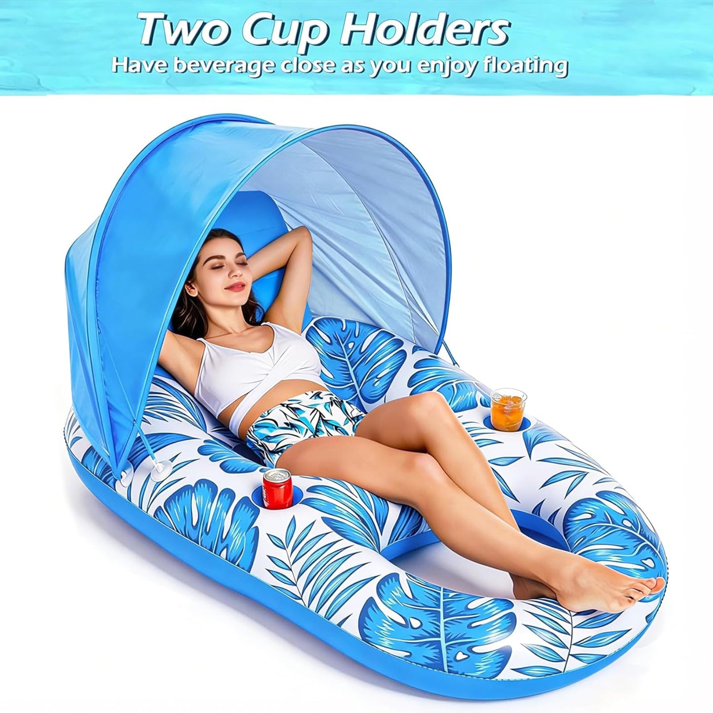 Jasonwell Pool Float with Canopy - Inflatable Pool Floaties Adult Lounger Floats Raft Floating Chair with Cup Holders for Swimming Pool Lake Water Lounge Float Beach Pool Party Toys for Adults (Blue)