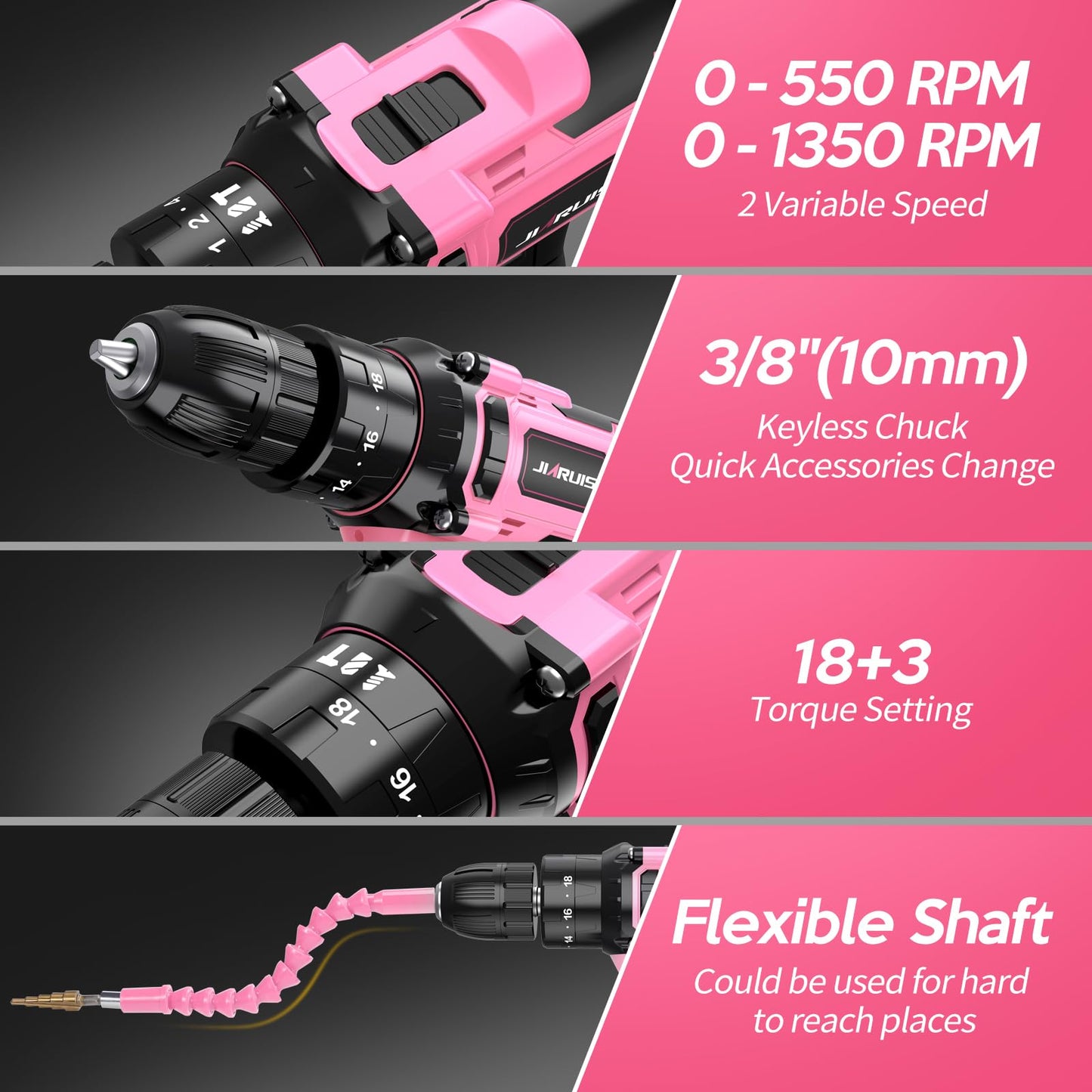 20V Cordless Drill, Electric Power Drill Set with Battery Charger and Carrying Case, 3/8” Keyless Chuck, 2 Variable Speed, 18+3 Torque, 72pcs Driver Bits and Belt Hook, Pink