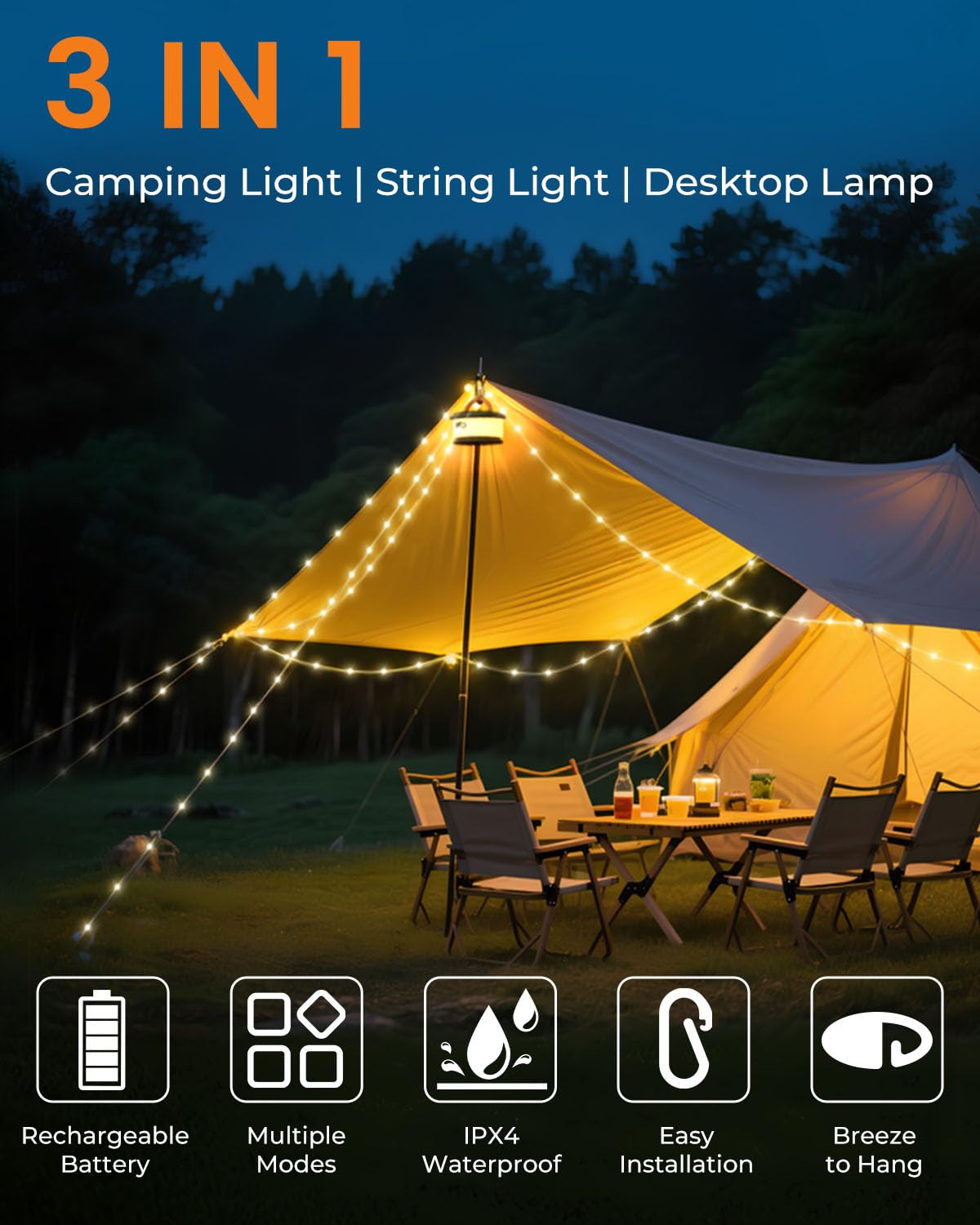 Bylitodt Camping String Lights, Retractable 32.8ft RGB Flash Lamp, Rechargeable LED Fairy Lights Outdoor Waterproof, Portable Hanging Lantern for Outside Tent Patio Awning Garden RV Essentials