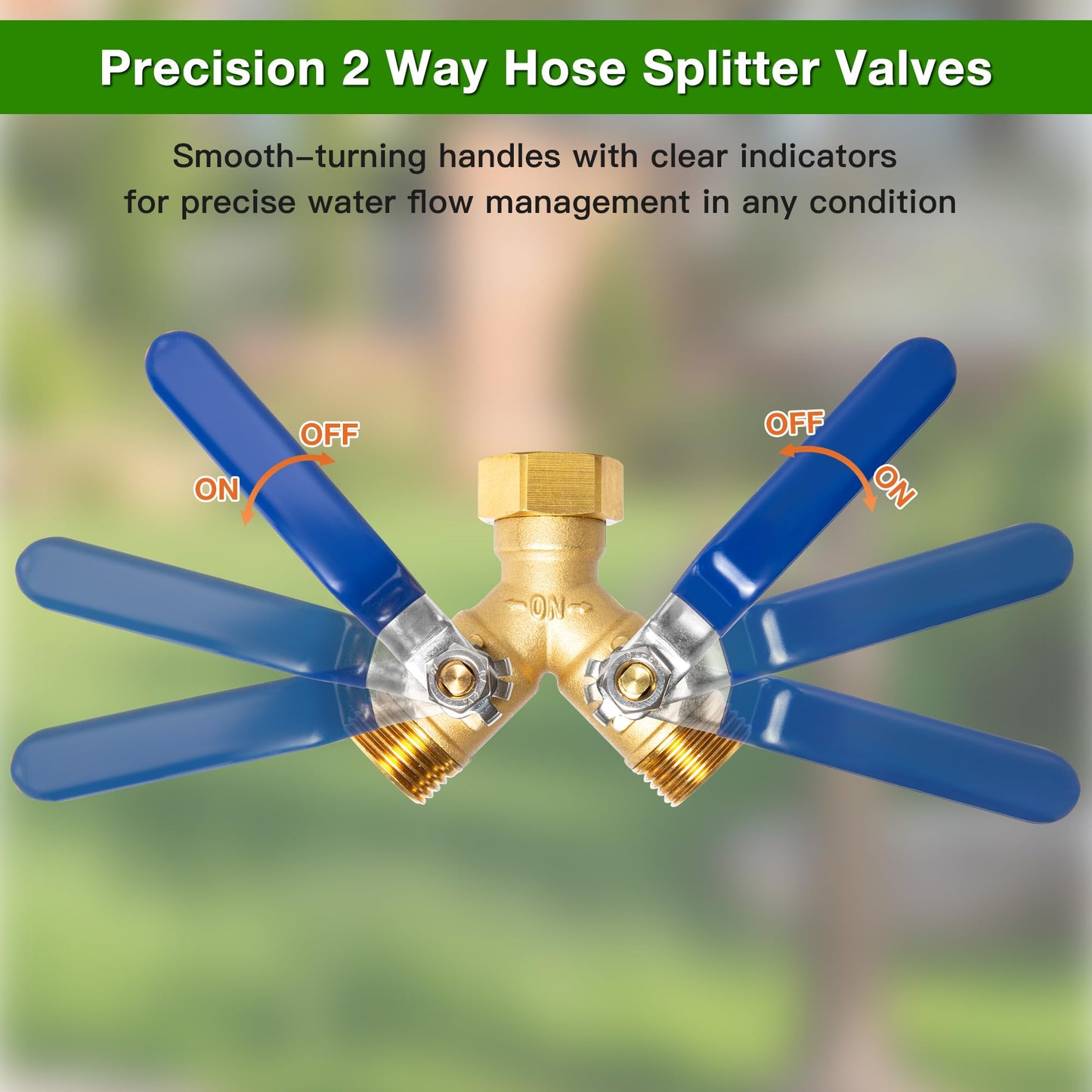 Garden Hose Splitter 2 Way, Solid Brass Water Hose Splitter with 304 Stainless Steel Handle, 3/4" GHT Thread Leak-Proof Y Valve for Outdoor Faucet Lawn, Irrigation & Washing