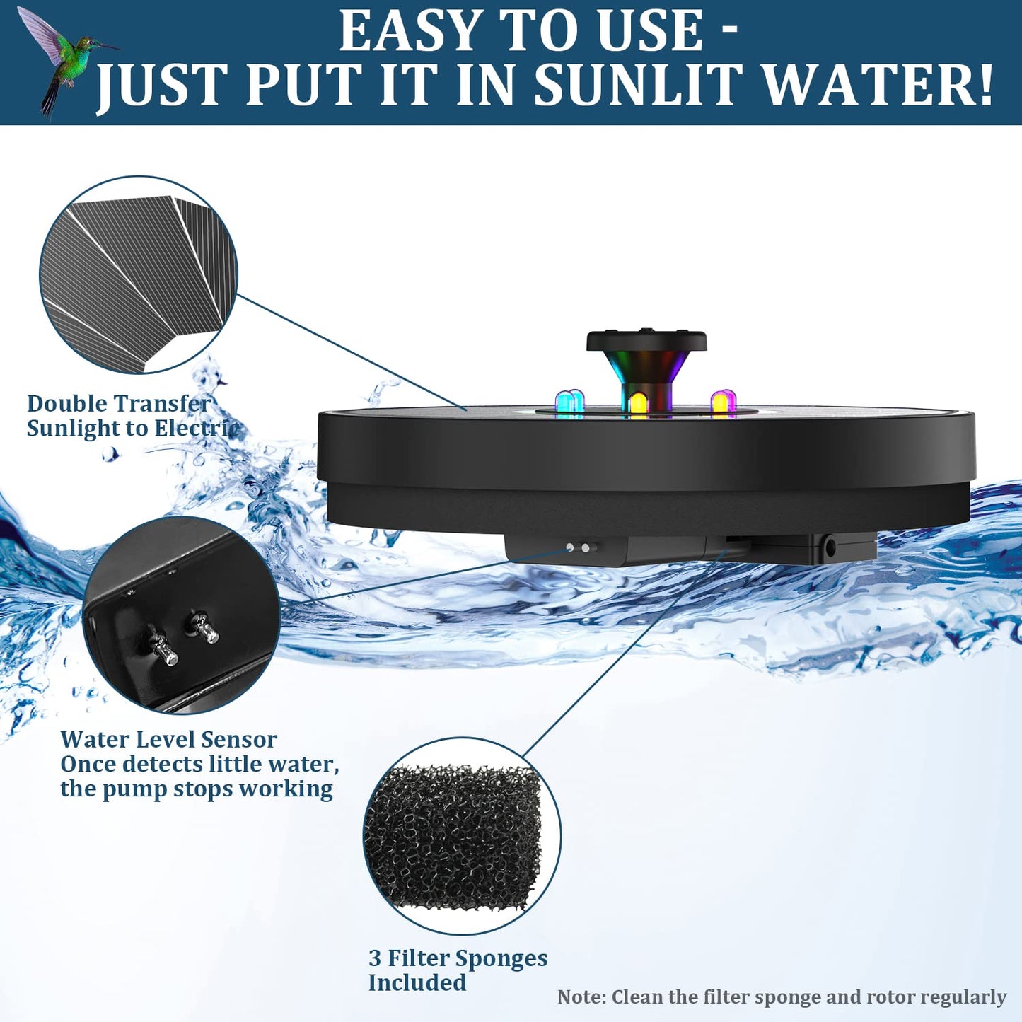 GAIZERL Solar Fountain New, 3.5W Solar Bird Bath Fountains with Glass Panel, 2200 Battery, Hummingbird Water Features with Color LED Lights, 8 Spray Modes & 4 Fixed Pipes for Garden, Pool, Pond