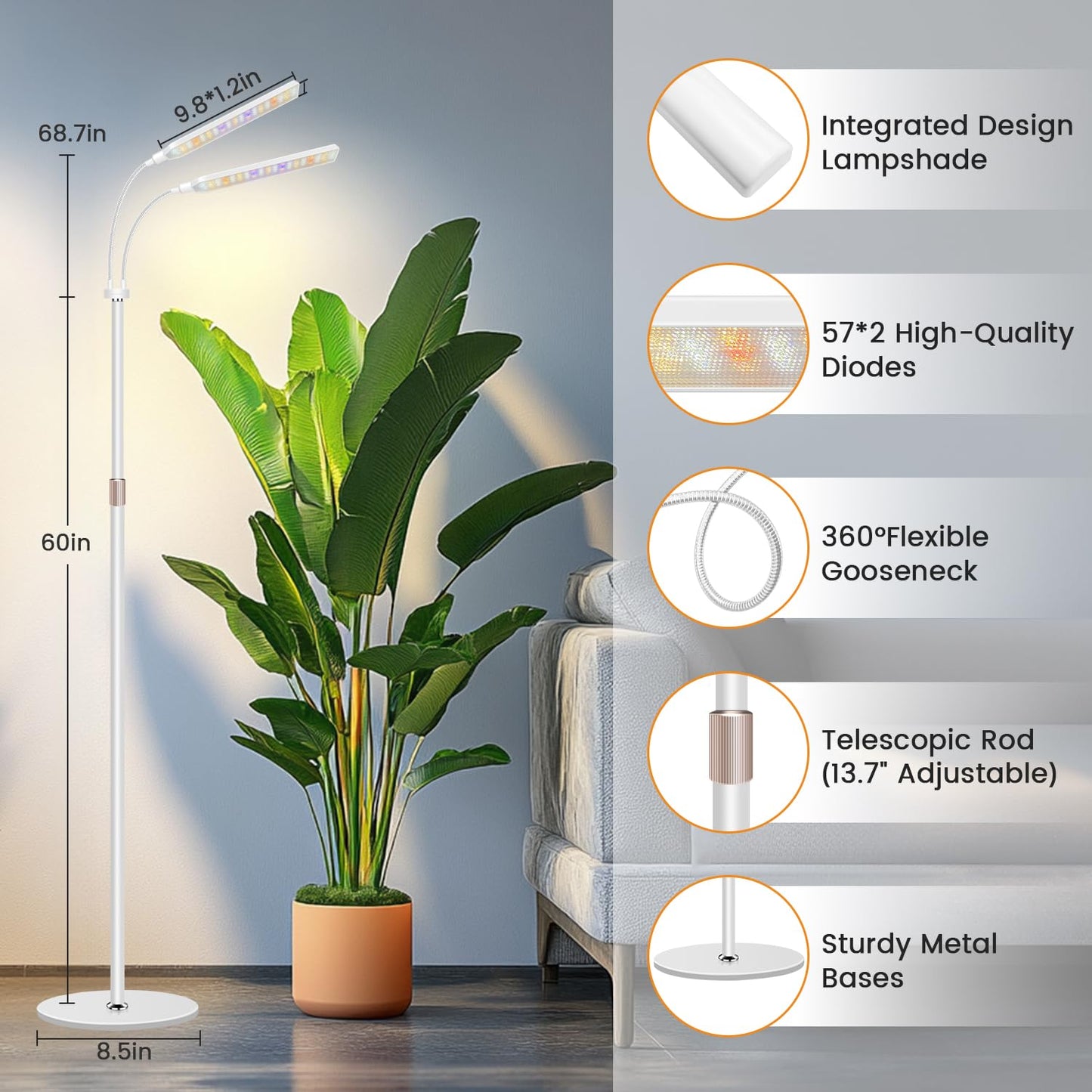 Kullsinss Grow Lights for Indoor Plants with Stand, 2-Heads Full Specturm Plant Grow Light with 4/8/12/16H Timer, 3 Color Modes, 360° Flexible Gooseneck, 24-68.7in Hight Adjustable Plant Growing Lamp