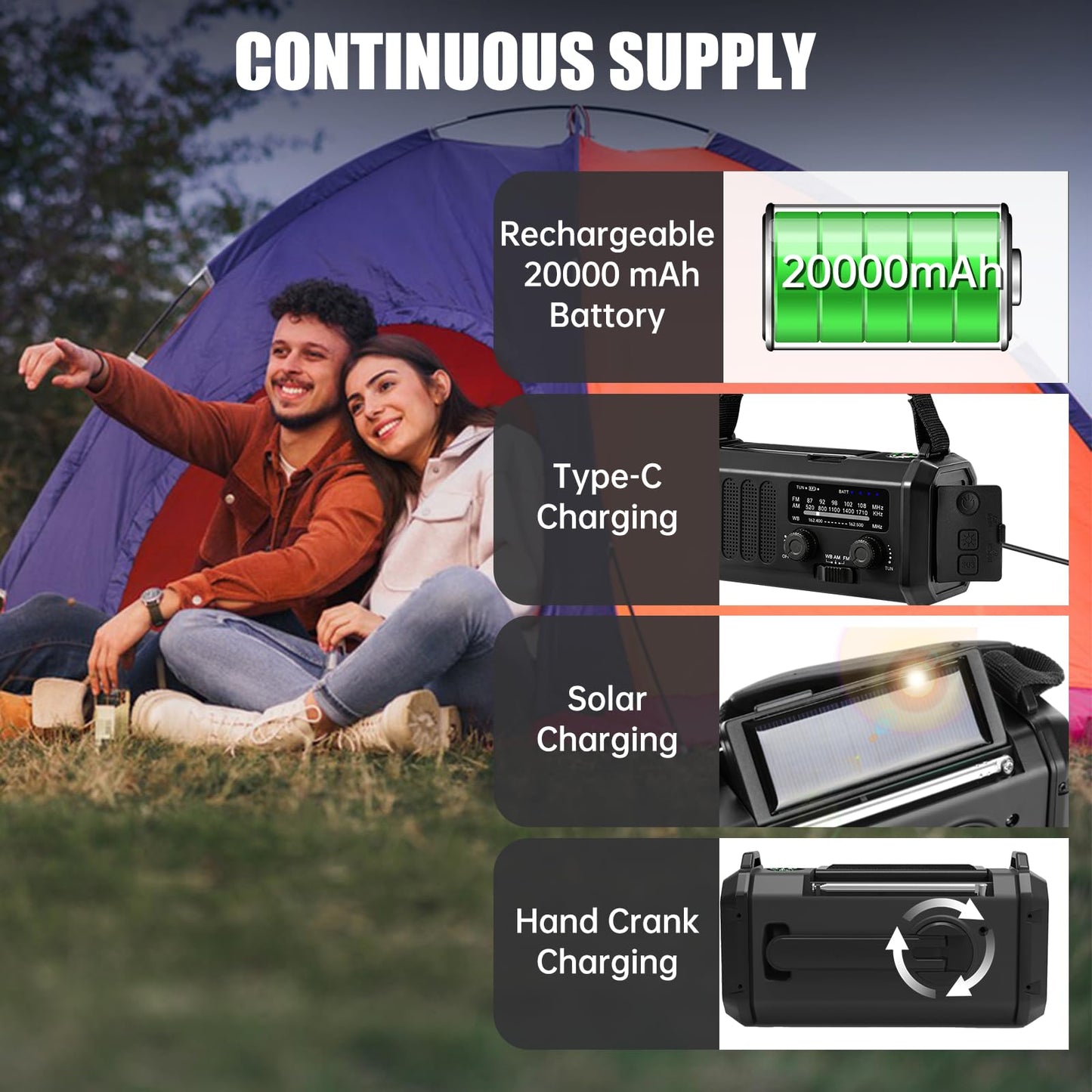 Emergency Weather Radio 20000mAh NOAA/AM/FM with 74000mWh USB/Solar/Hand Crank Charging, Battery Operated, SOS Alarm & Flashlight for Indoor/Outdoor Emergencies (Black)