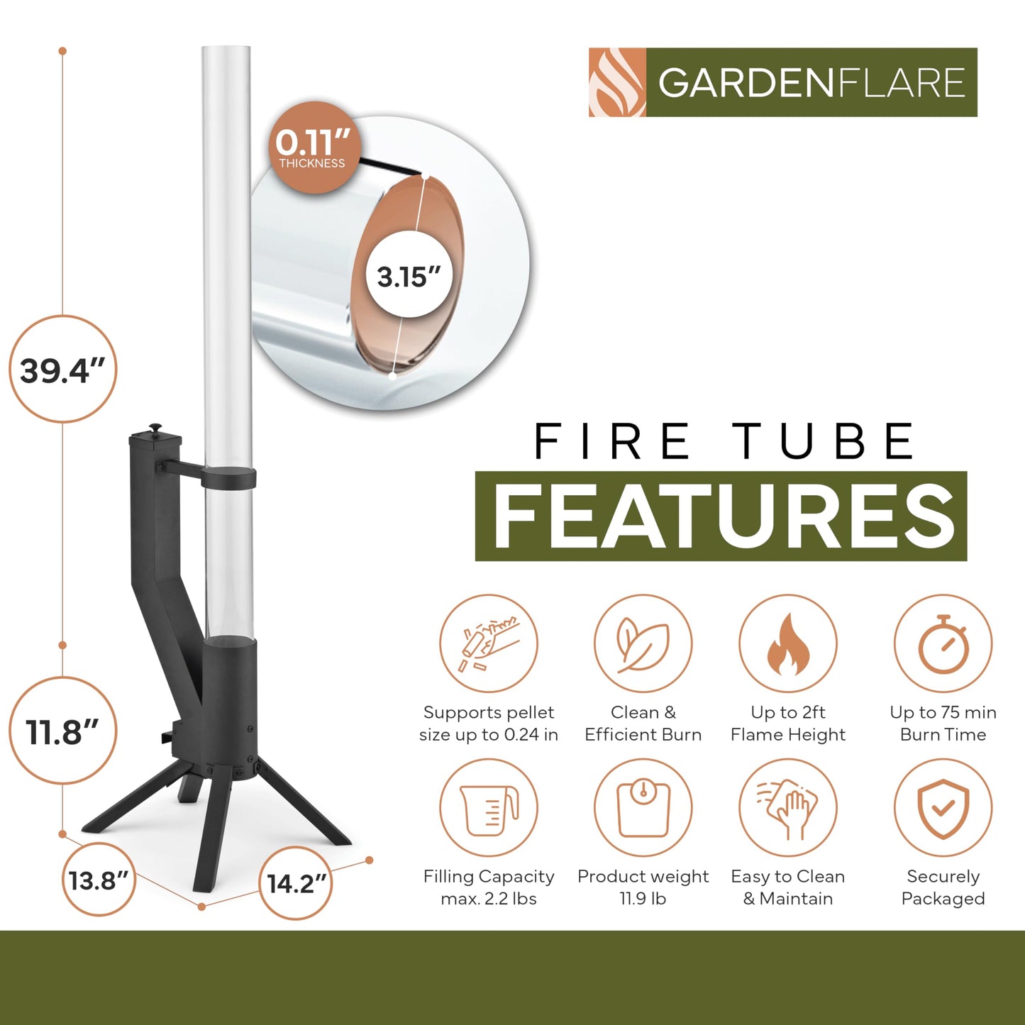 Gardenflare GARDENFLARE Stainless Steel Pellet Stove & Smokeless Firepit, Patio Heater for Ambiance - Wood Fire Pit for Patio, Fire Tube, Outside Backyard Bonfire & Outdoor Fireplace
