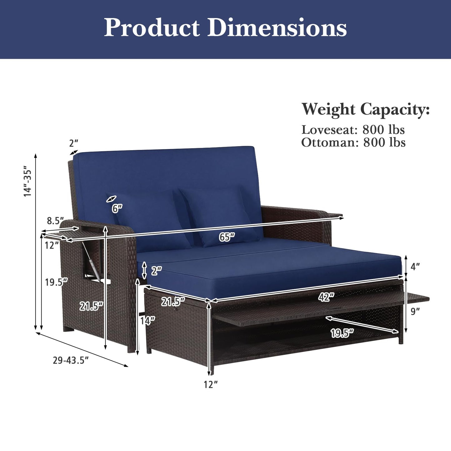 Tangkula Patio Rattan Daybed with 4-Level Adjustable Backrest, Outdoor PE Wicker Loveseat with Storage Ottoman & Folding Side Tray, Double Sunbed Lounger for Balcony, Backyard & Poolside, Navy & Brown
