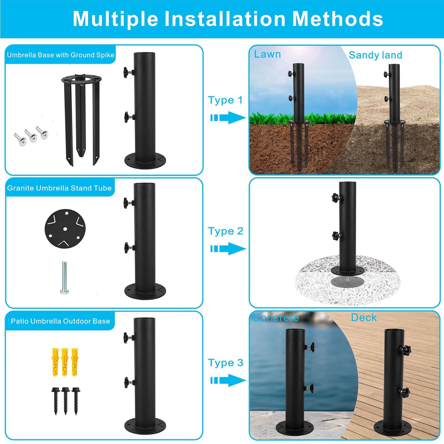 Wdwlbsm Patio Umbrella Base Stands Multifunctional Outdoor Umbrella Holder, In Ground Umbrella Base with Ground Spike Fixing,Deck Umbrella Mount for Lawns,Granite,Concrete,Deck,Many Ways Installation
