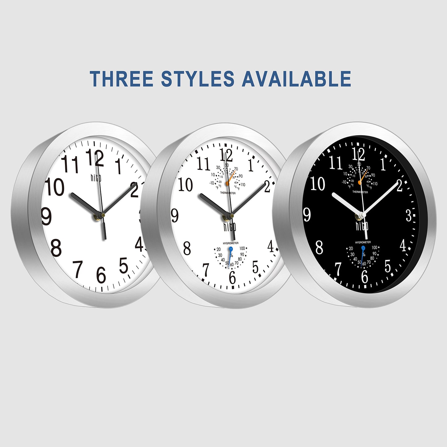 HITO 10 Inch Silent Wall Clock Battery Operated Non Ticking Glass Cover Silver Aluminum Frame, for Kitchen, Bedroom, Home Office, Living Room Decor (White)