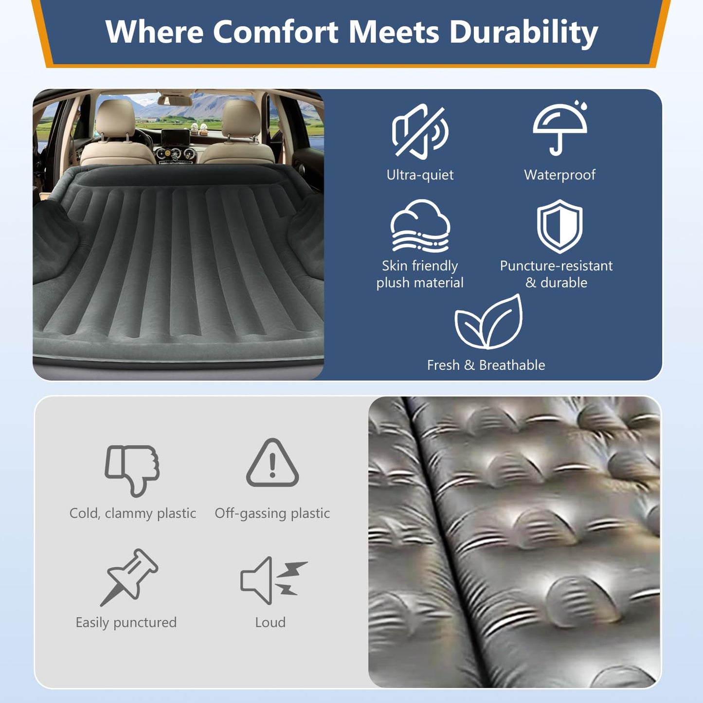 AKUDY Self-Inflating SUV Air Mattress with Built in Electric Pump，car air Mattress with Pillow for Trunk，Portable car Mattress for Travle and Camping, Dark Grey