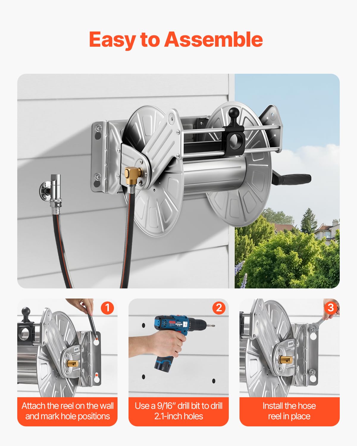 VEVOR Stainless Steel Wall Mounted Garden Hose Reel Heavy Duty, Holds 150 ft 5/8-inch Water Hose Winder, Outdoor Manual Reel with Brass Fitting & 5ft Leader Hose, Space Saving, for Yard Lawn Garage