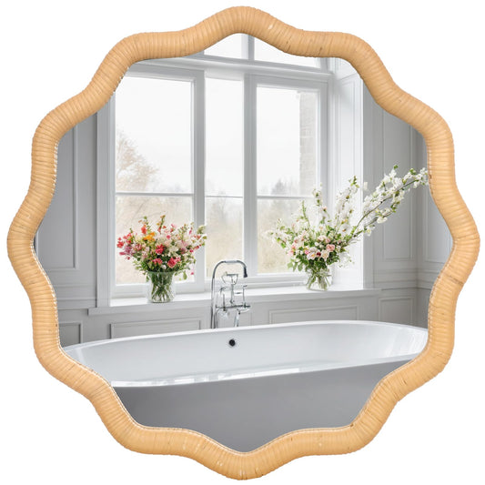FUIN 20" Round Rattan Wall Mirror, Scalloped Wavy Wicker Frame – Handwoven Natural Boho Decor for Bathroom Vanity, Nursery & Entryway – Distortion-Free Glass