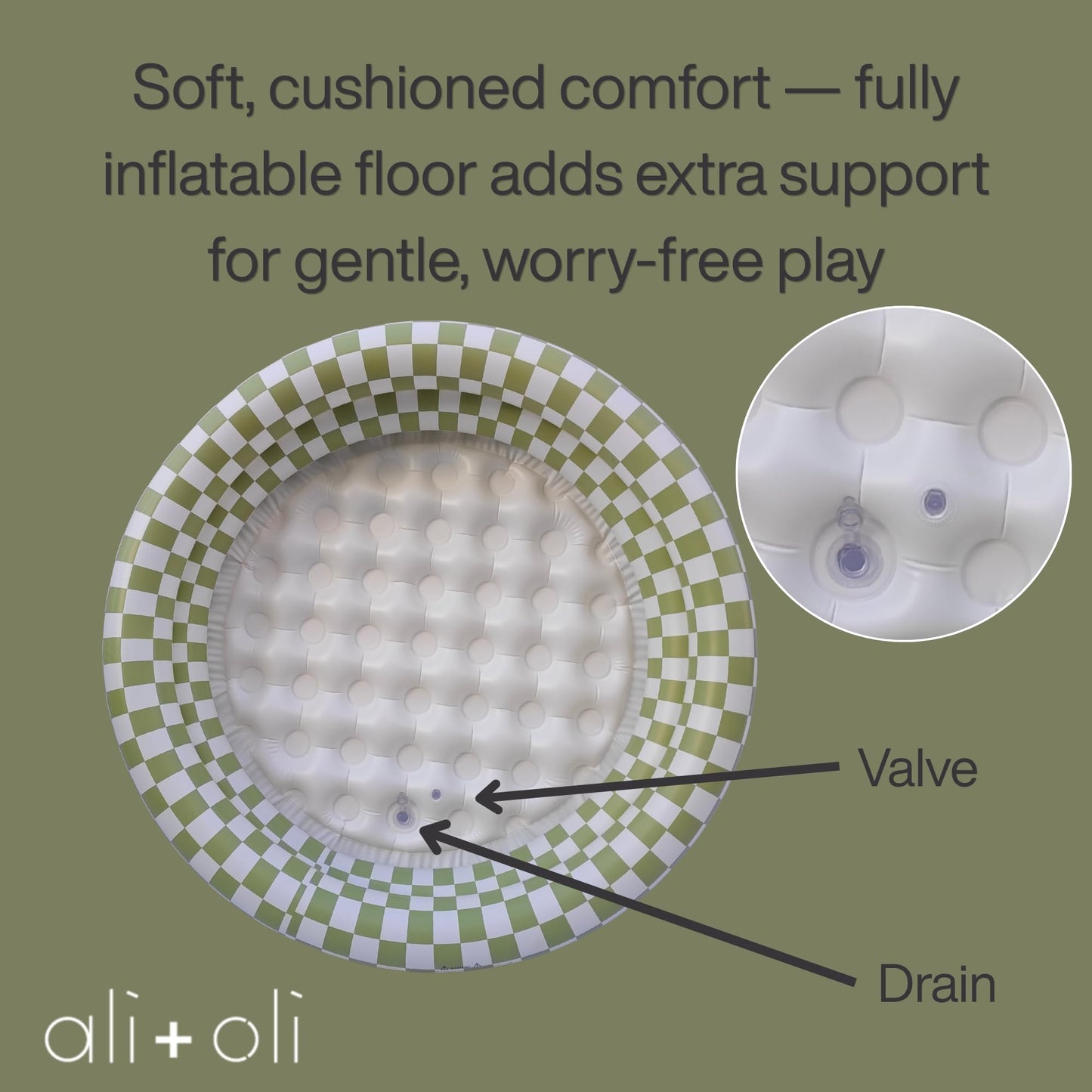Ali+Oli Two-Ring Inflatable Kiddie Pool | Baby and Toddler Pool for Backyard Water Play | Soft Inflatable Family Pool | Summer Outdoor Use | Green Checkers Pattern