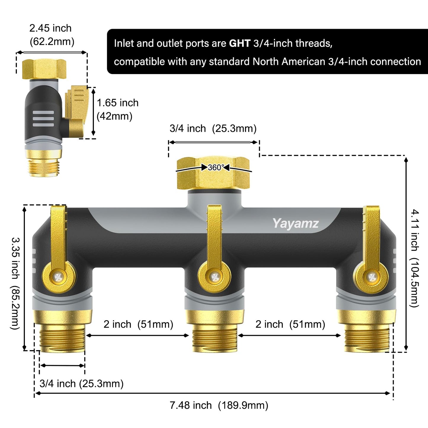 3 Way Garden Hose Splitter,High Flow Outdoor Faucet Splitter,Hose Splitter with Independent Shut Off Valves,Wide Spacing for Hose Timers,Sprinklers,Lawn,Yard and Garden Watering