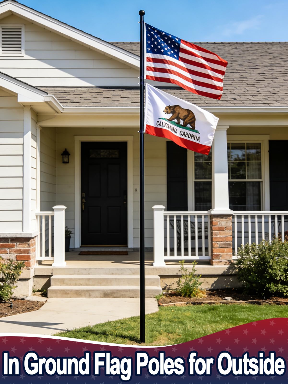 12.5ft In Ground Flag Pole for Outside House - Fit for 2 Flags Extra Thick Flag Pole Kit with 5 Prongs Base, Windproof Ground Flagpoles for Residential Small Medium Lawn Temporary Event