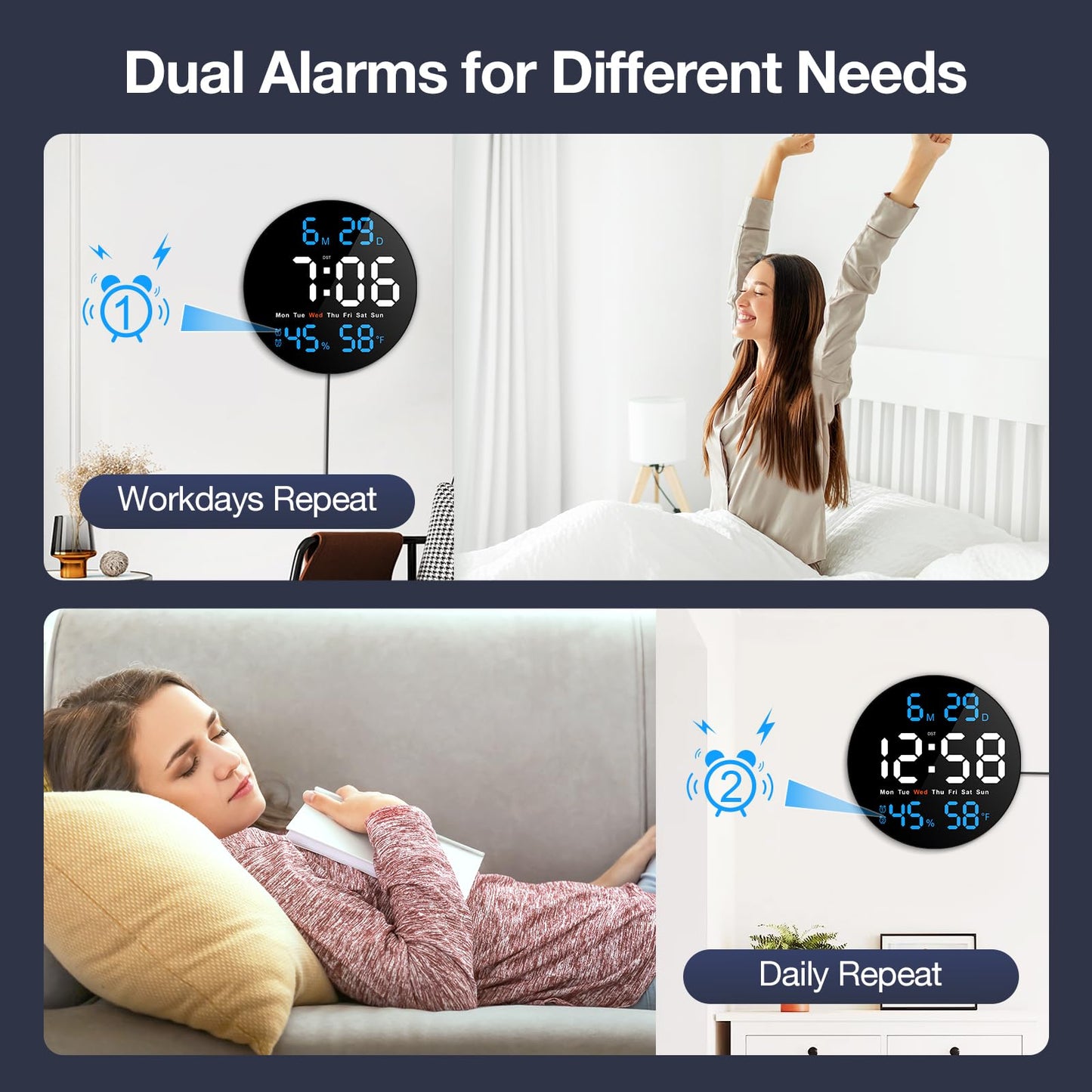 Brauthon Large Digital Wall Clock for Classroom, 10 Inch Large Display LED Electric Round Clocks for Teachers, Kids Office with Date, Temperature, Timer, Remote Control (Blue)