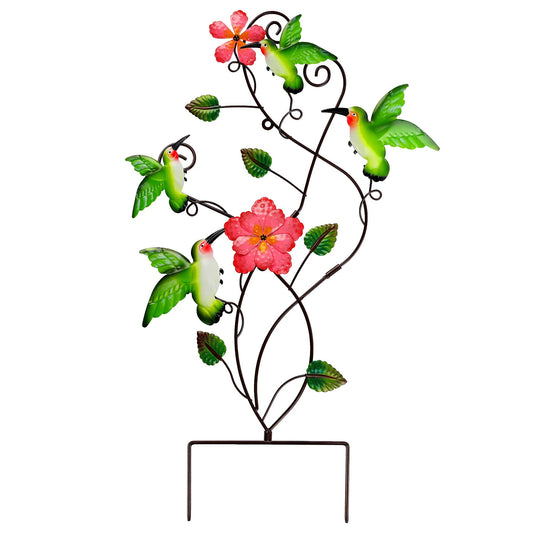 Juegoal 28 Inch Hummingbirds Garden Stake Decor, Colorful Look & Personalities Flowers Metal Wall Art Spring Decoration, Yard Outdoor Lawn Pathway Patio Ornaments