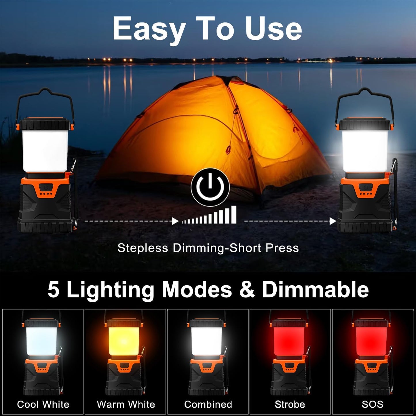 Xynover LED Camping Lantern Rechargeable,1000LM, Portable with 5 Ligth Modes, IP44 Waterproof 4400mAh Tent Flashlight Lanterns for Power Outages, Hiking, Hurricane,Campsites, Emergencies (2-Pack)
