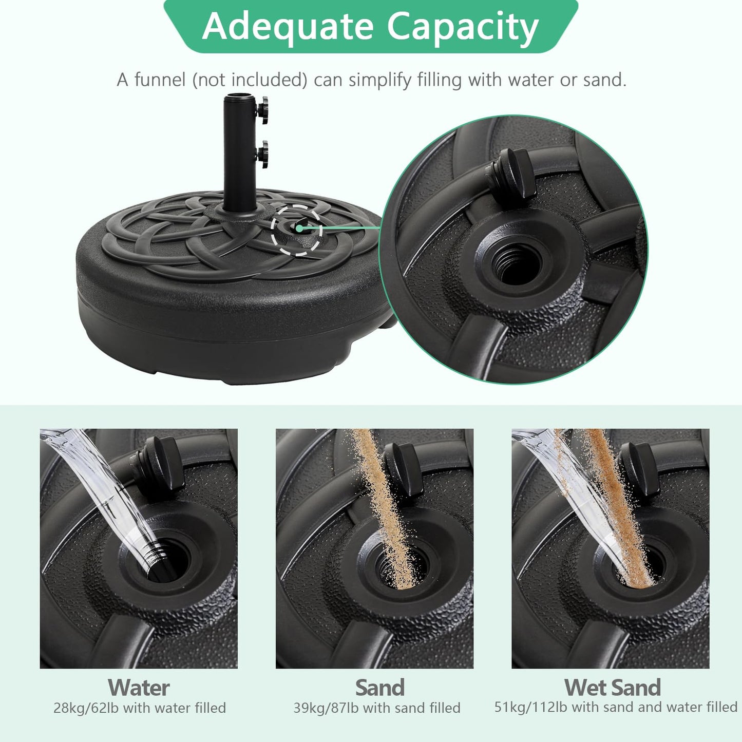 Helios&Hestia 112 lb Heavy Duty Round Umbrella Base, Plastic Water and Sand Fillable Outdoor Stand Weight for Patio Market Table Umbrella, Black