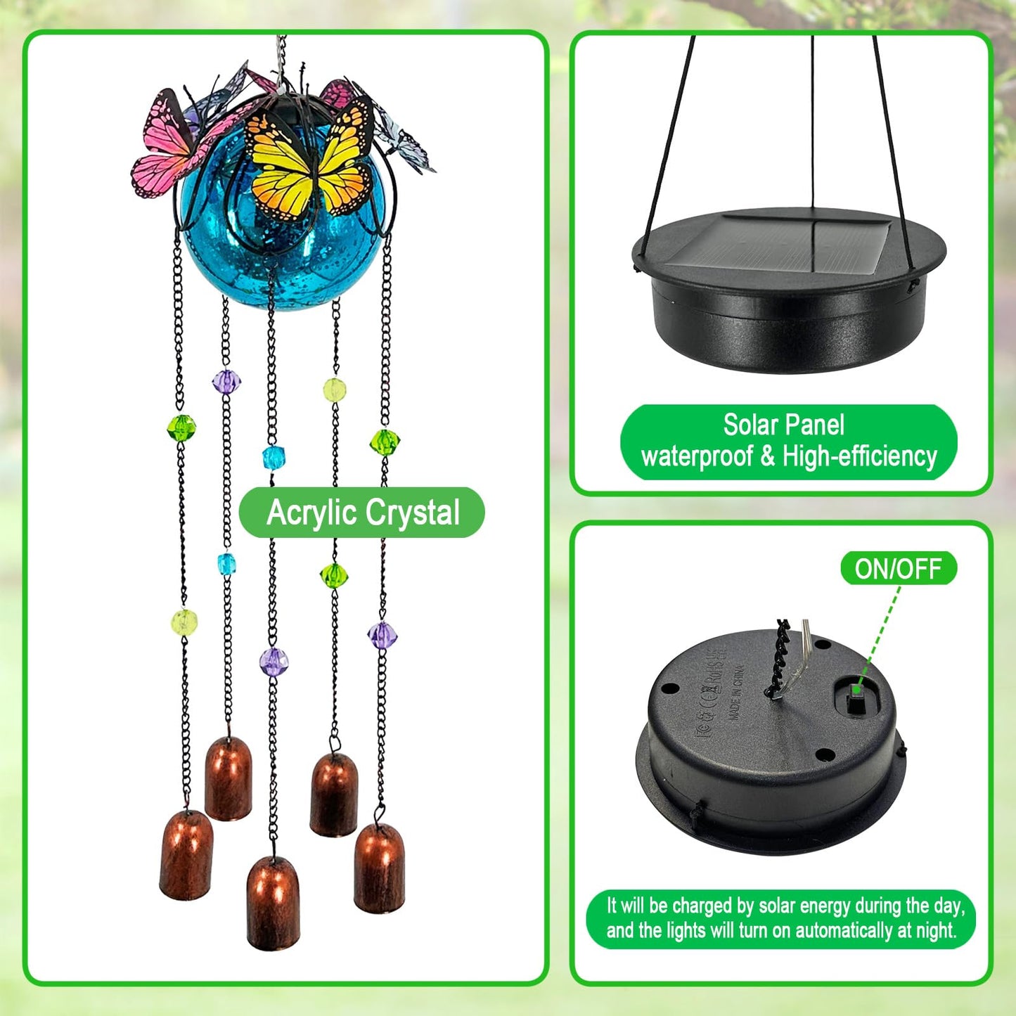 Butterfly Wind Chimes for Outside,Plastic Ball Dangle Solar Lights Outdoor,Waterproof Hanging Yard Decorations for Garden,Patio,Porch