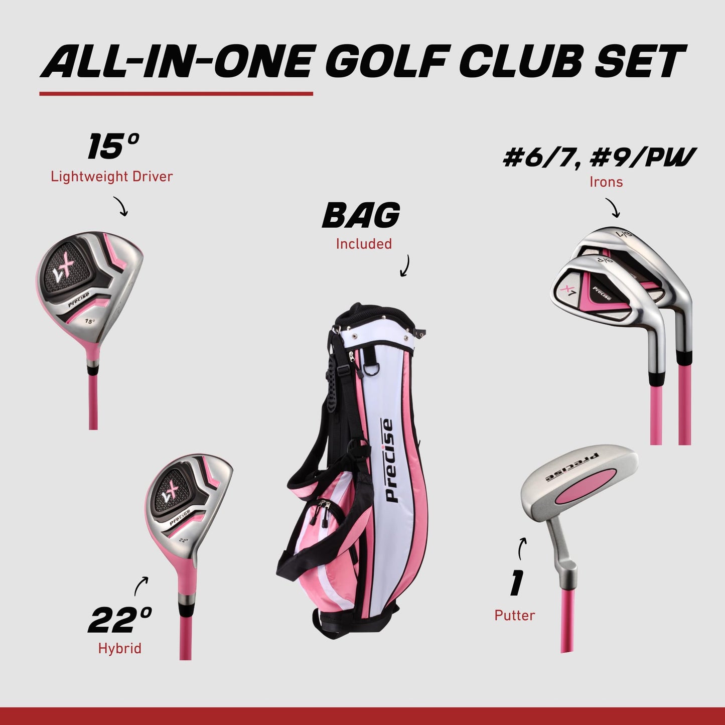 Precise X7 Junior Complete Kids Golf Clubs Set - Boys & Girls Right Handed Kids Golf Set w/ Driver, Hybrid, Irons, Putter, Stand Bag & Headcovers - Youth Golfing Clubs Sets for Ages 9-12 - Pink
