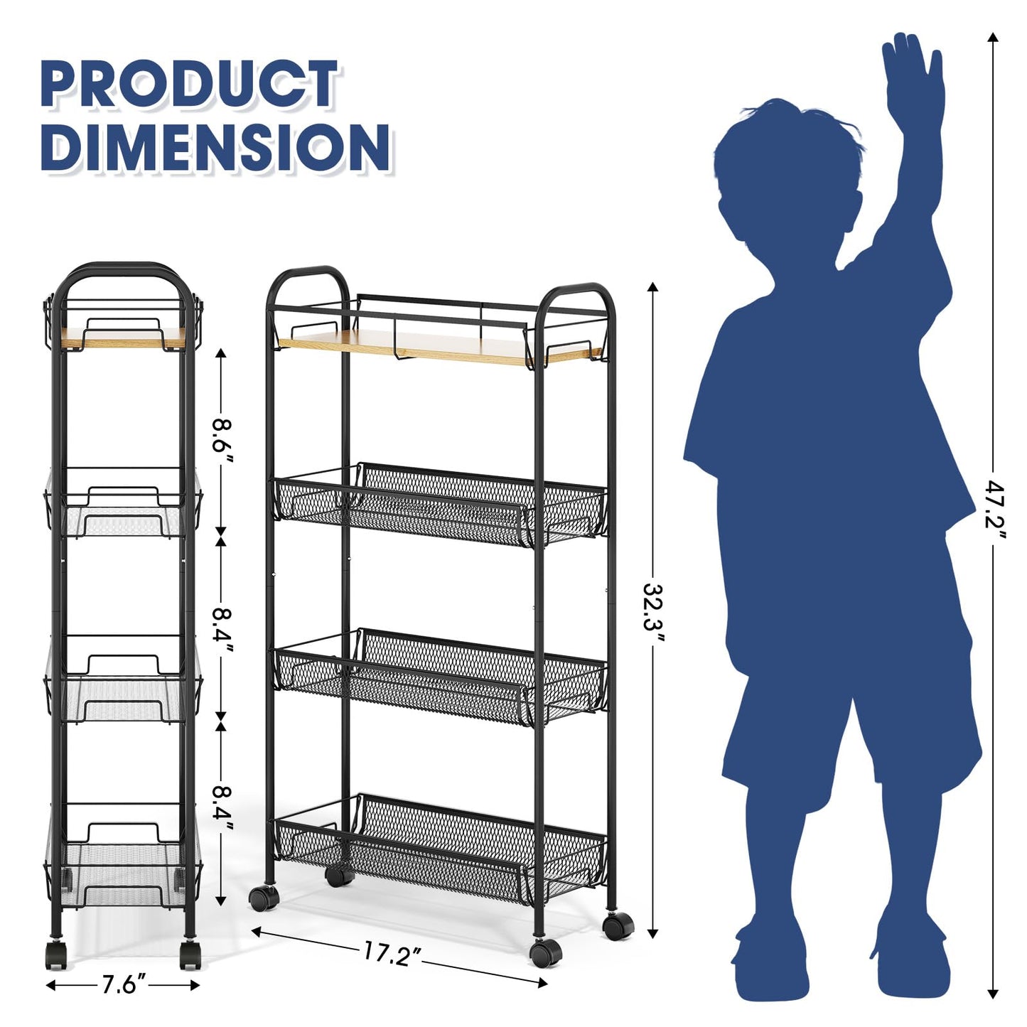 TOOLF 4-Tier Slim Rolling Cart, Metal Utility Cart, Slide Out Storage Cart with Wooden Tabletop and Mesh Baskets for Narrow Space on Kitchen Bathroom Laundry Room Bedroom Apartments Dormitory