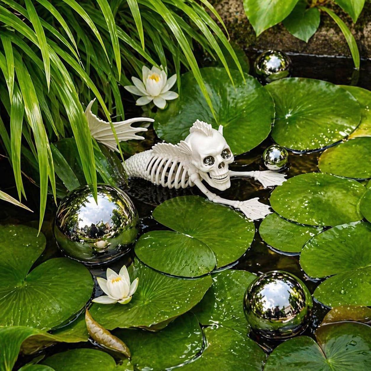 Nerien Gazing Ball, Stainless Steel Garden Mirror Globe, Polished Ornament Sphere, Hollow Floating Reflective Hemisphere, for Home Outdoor Pond Housewarming Swimming Pool Decoration, Silver, 5Pcs Mix