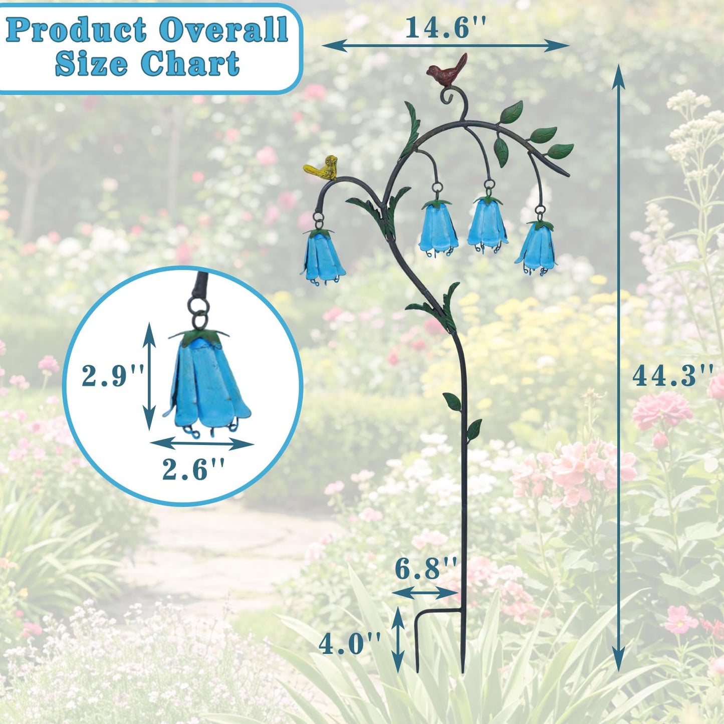 HOUYANG 44.3" H Metal Decorative Garden Stake with Blue Bell Flowers & Birds - Metal Yard Art for Outdoor Yard Decor, Rustic Metal Flowers Garden Decor for Patio, Lawn, Pathway