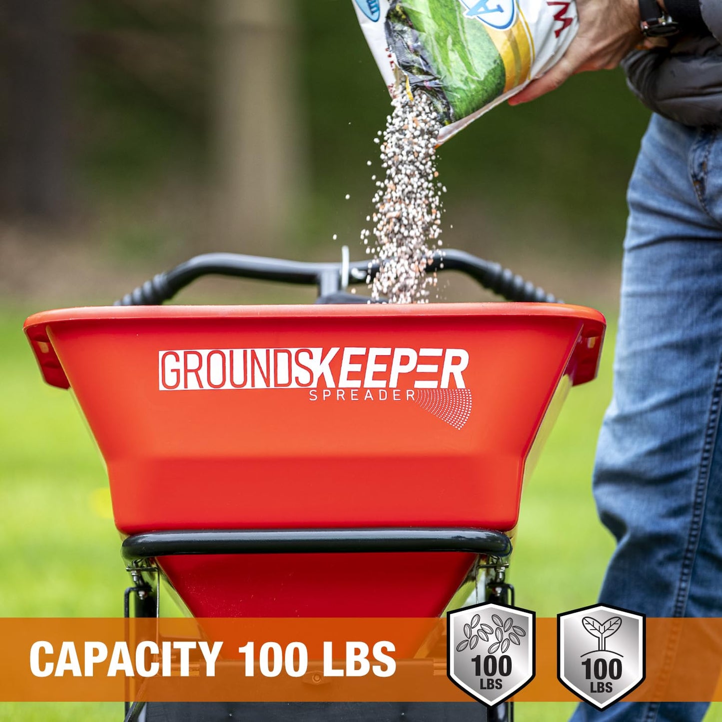 Buyers Products 3039632R Grounds Keeper All Season, Broadcast Walk Behind Push Spreader, 100lb Capacity, For Seed, Fertilizer, Winter Salt & Snow Melt, Included Grate & Cover With Enclosed Gearbox