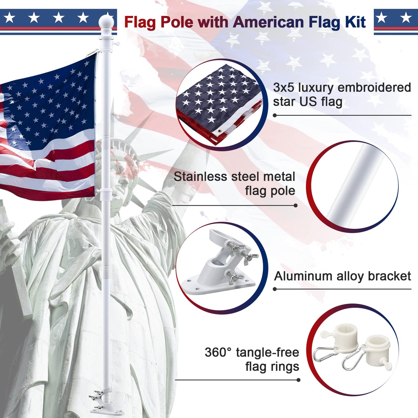 Barcetine Flag Pole with American Flag - Tangle Free Flag Poles for Outside House with 3x5 Embroidered US Flags,Flagpole Holder Bracket - 5ft Heavy Duty Outdoor Flag Pole Kit for Porch - White