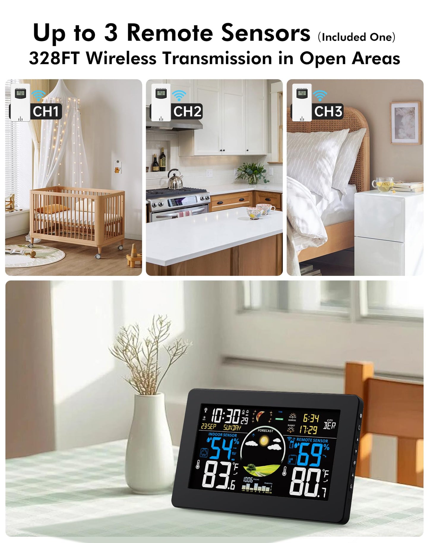 Zivron Weather Station Wireless Indoor Outdoor Thermometer, 7.5" VA Display with Remote Sensor, Home Weather Station with Weather Forecast, Temperature, Humidity, Atomic Clock, Black