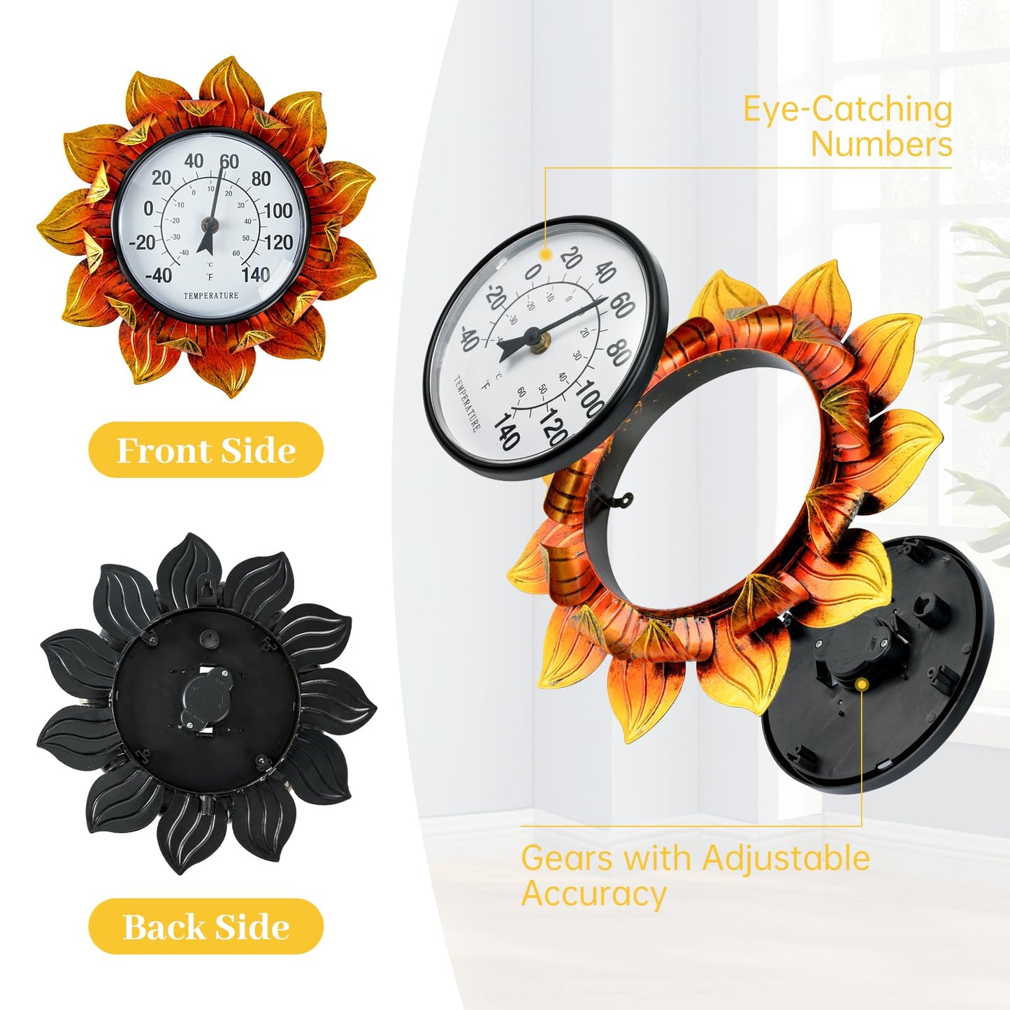 Jusimux Sunflower Wall-Mounted Outdoor Thermometers, 11 Inch Indoor Outdoor Thermometer Decorative for Patio, Living Room,Wine Cellar, Garden Home Decor, No Batteries Required