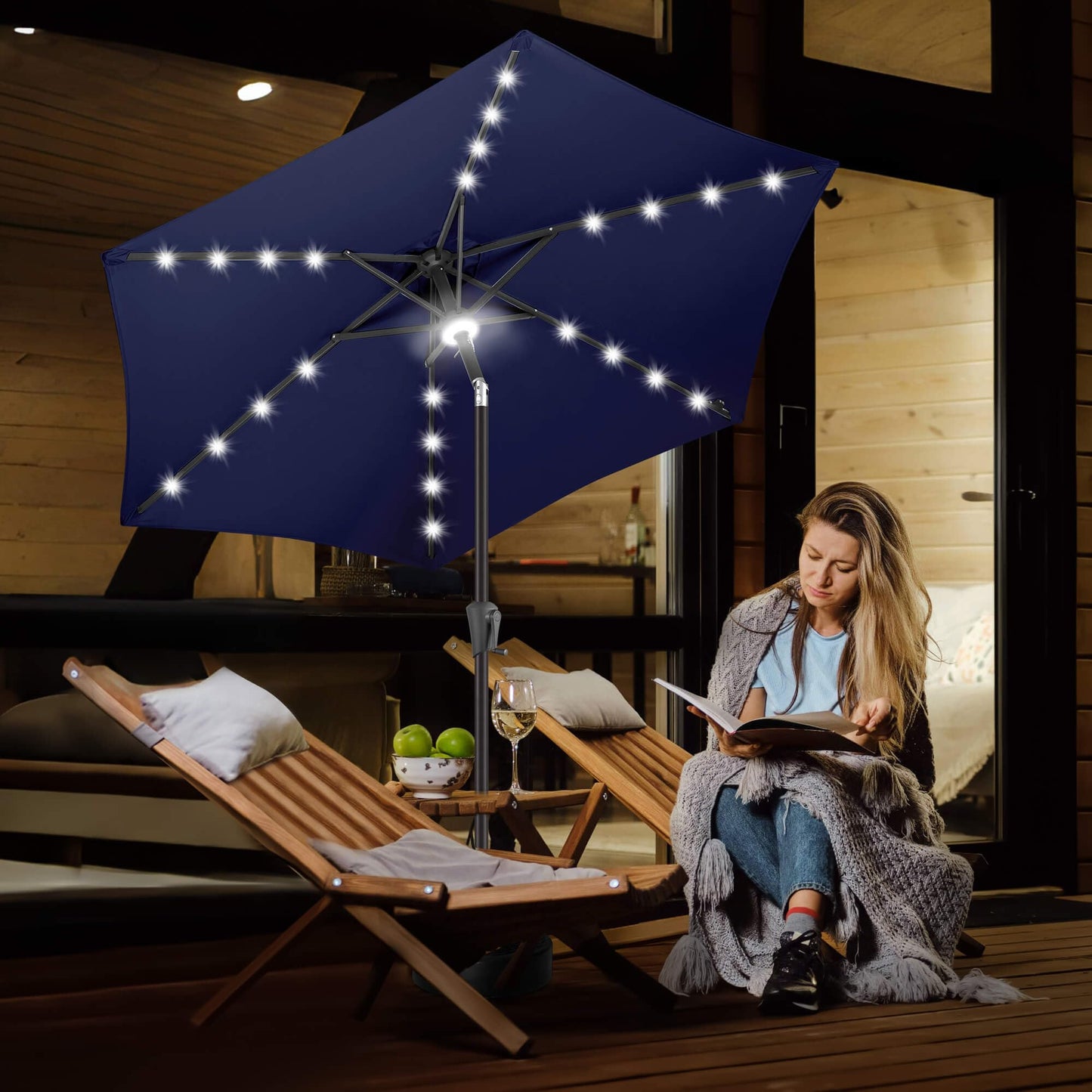 FLAME&SHADE 7.5 FT Solar Light Patio Umbrella, 24 LED Lights Outdoor Umbrella with Centre Surround Light, Table Umbrella Outdoor Patio for Deck, Pool, Backyard, Garden, UV Protection (Navy Blue)