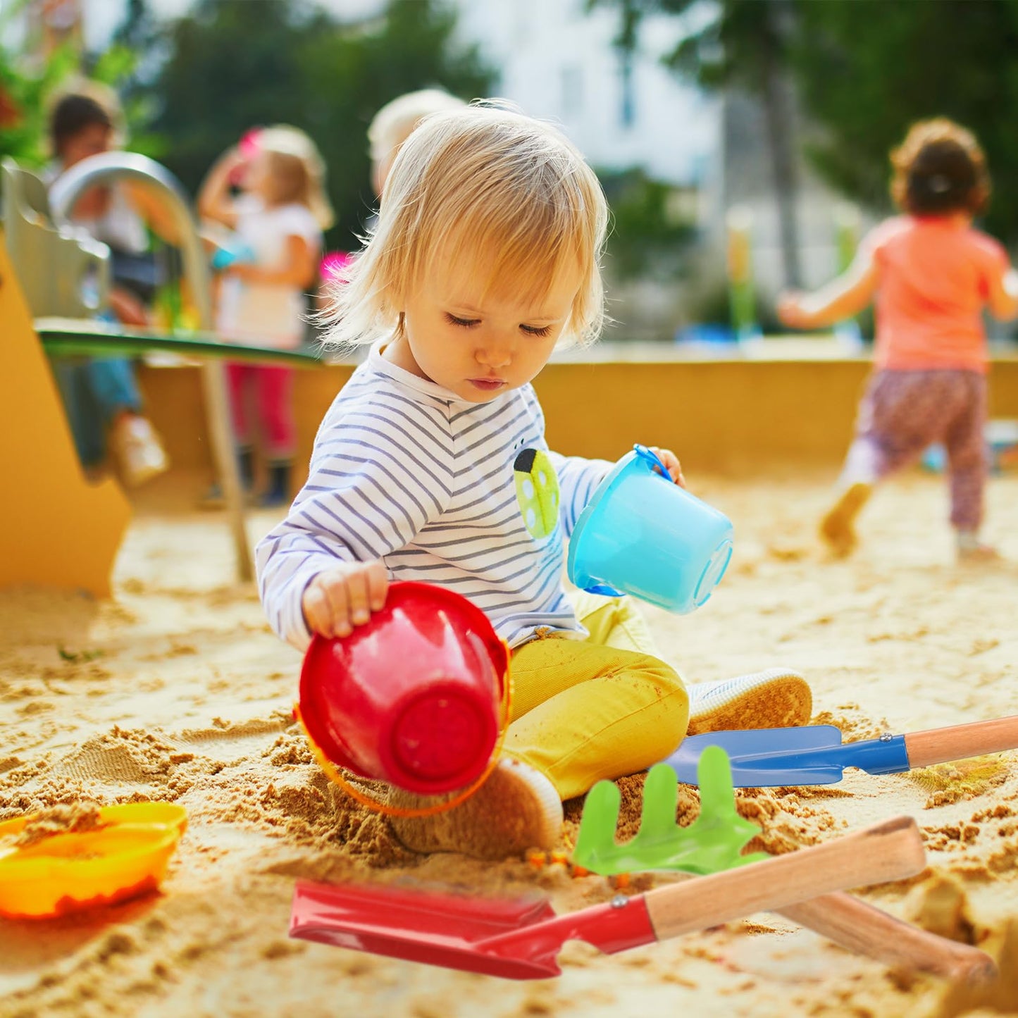 Tarpop 18 Pcs Kids Gardening Tools Set, Metal Kids Yard Tools with Sturdy Wooden Handle Safe Children Beach Sandbox Toy Sand Play Kit for Flower Soil Planting Loosening Digging, Trowel, Rake, Shovel