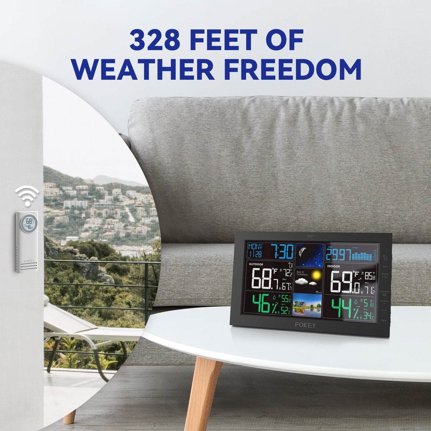 FOKEY Weather Station Wireless Indoor Outdoor, Indoor Outdoor Thermometer Wireless, Home Atomic Clock Weather Stations, Temperature Humidity Barometer Inside Outside Thermometers, Black with 1 Sensor