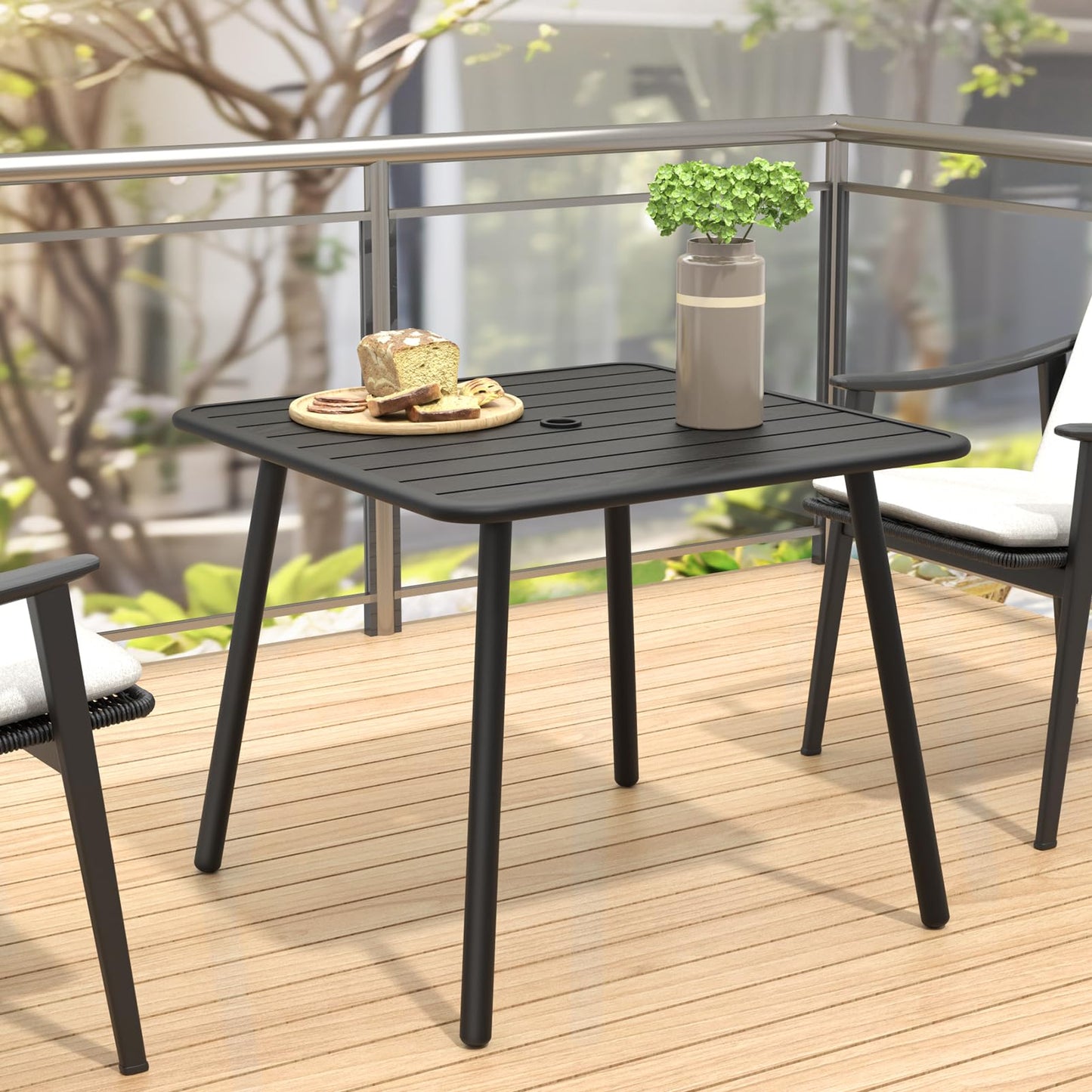C-Hopetree Square Metal Outdoor Dining Table with Umbrella Hole for Outside Patio, Black