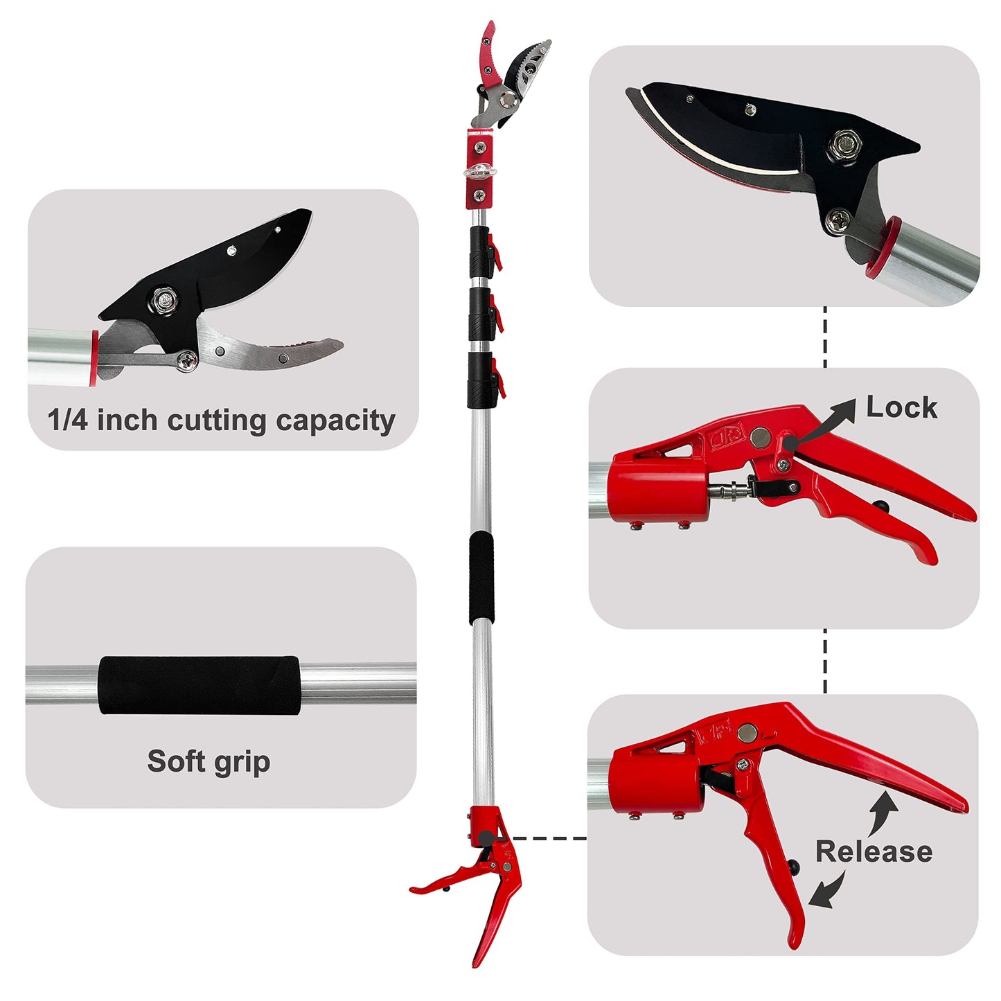 Prunrt 5.4-14.8 FT Tree Pruner Extendable 4 Sections, Telescopic Cut and Hold Trimmers Pole Saws Trimming Long Reach Pruning Shears Branch Cutter Clipper Bypass Lopper Fruit Picker