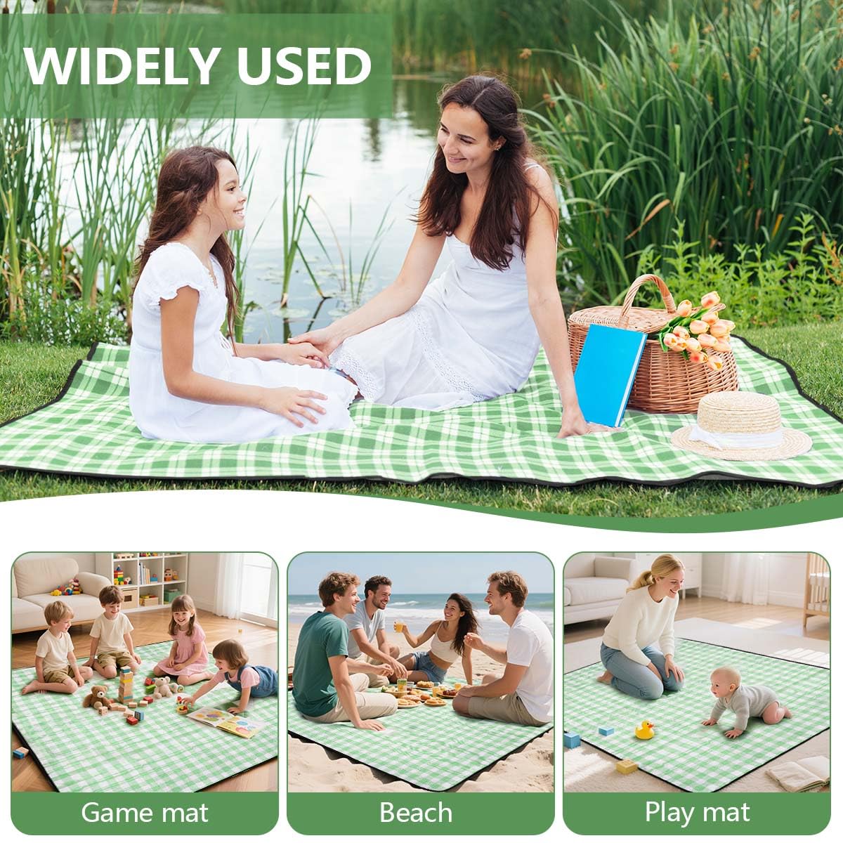 OBTANIM Extra Large Picnic Blanket 80 x 80 Inch Waterproof Foldable Beach Blankets Outdoor Picnic Mat for Camping Grass Lawn Park Music Festival Party Accessories (Green and White)