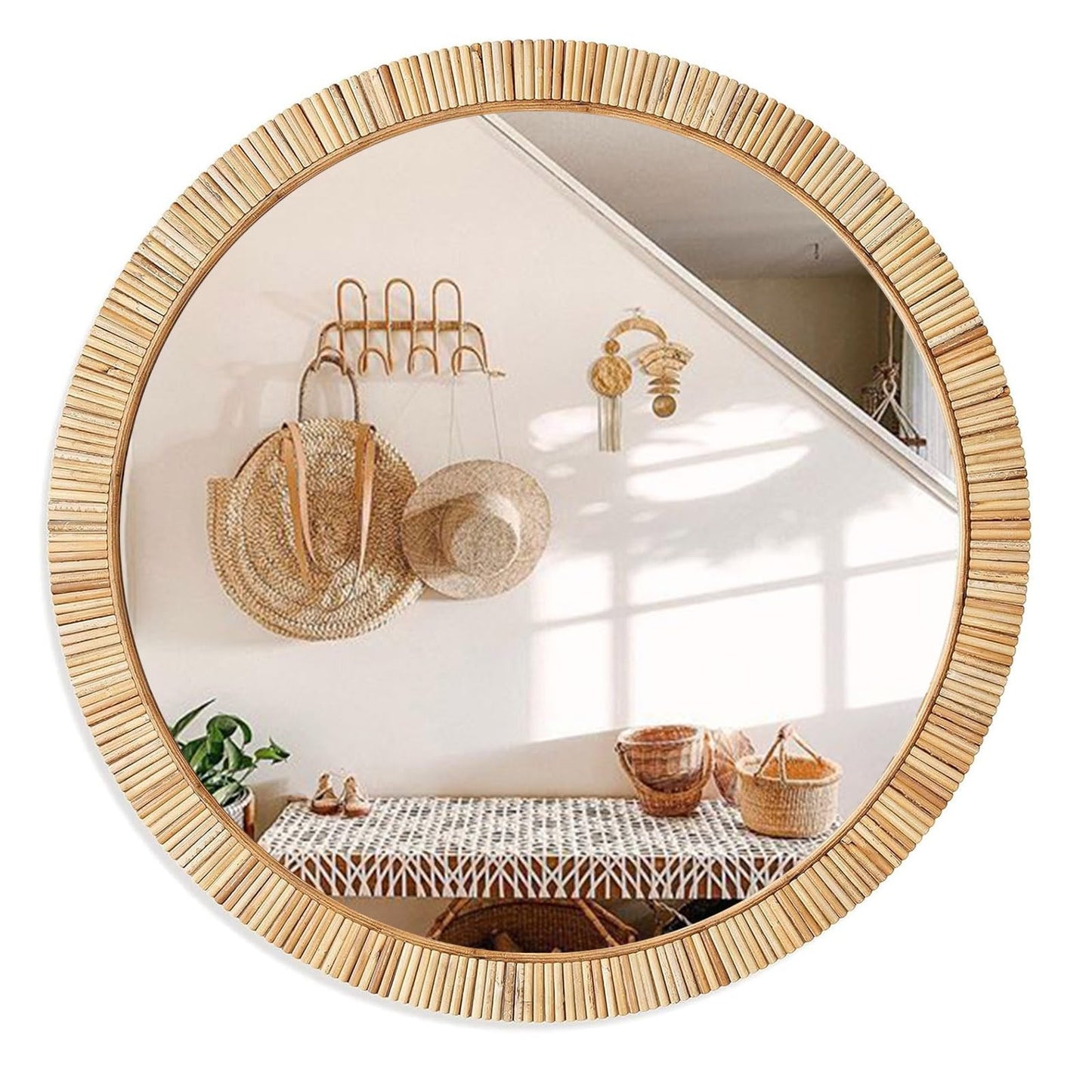 inoseen Decorative Rattan Wall Mirror, Boho Bathroom Modern Makeup Mirror, Rustic Wall Bohemia Mirrors for Bedroom, Living Room, Vanity Versatile Farmhouse, Nursery, Bathroom, 24"x24", Round