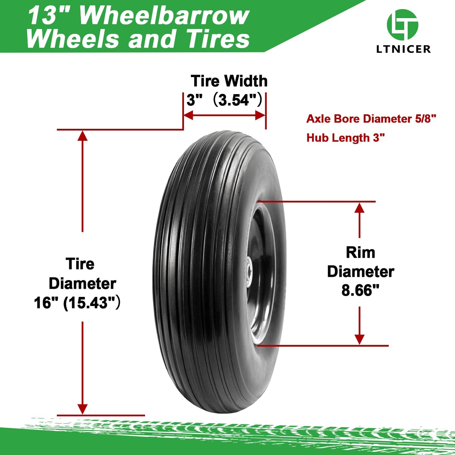 LTNICER 4.00-6 Flat-free Solid Tire and Wheel, 13" Wheelbarrow Wheels and Tires with 5/8" or 3/4" Bearings, 1.75" Centered Hub for Wheelbarrow/Wagon/Trolley/Garden Scooter Cart(2 PCS)