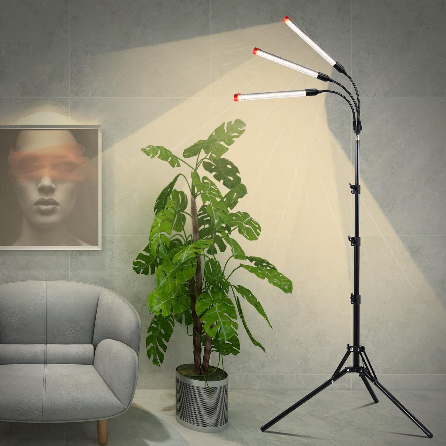 Orchbloom 3Head Grow Light with Stand, 5-Mode Timer 4/8/12/16/20H, 27 Watt Power Home Plug LED Grow Lights for Indoor Plants for Tall Houseplants, Bonsai Tree, Seed Starting, 24"-64" Adjustable Height