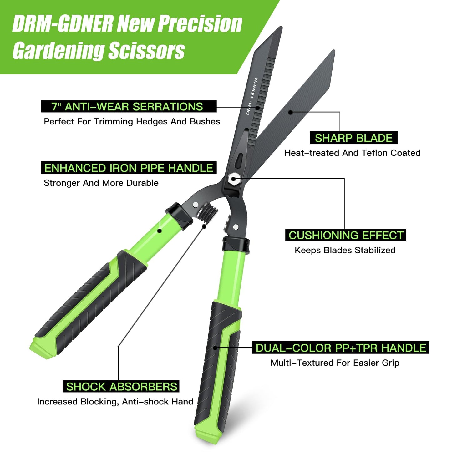 DRM-GDNER Professional Heavy Duty Hedge Shears 23" - Serrated Blade & Dual Shock Handle, Ergonomic Gardening Clippers with Anti-Rust Coating