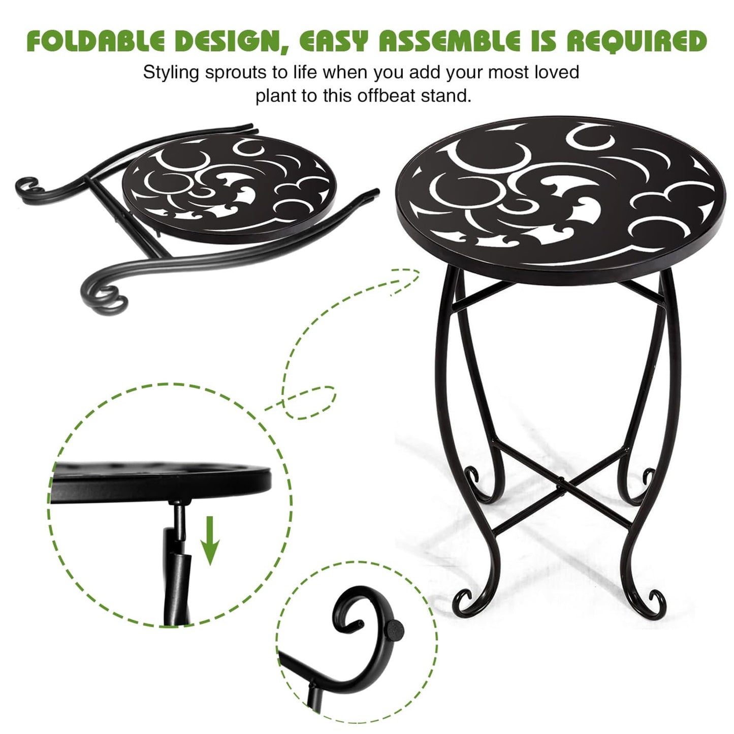 Kaesithar 15 Inch Tall Metal Plant Stand Indoor Outdoor, Round Side Table with Swirl Pattern, Rust Resistant Iron Flower Pot Holder for Patio Garden Porch Living Room